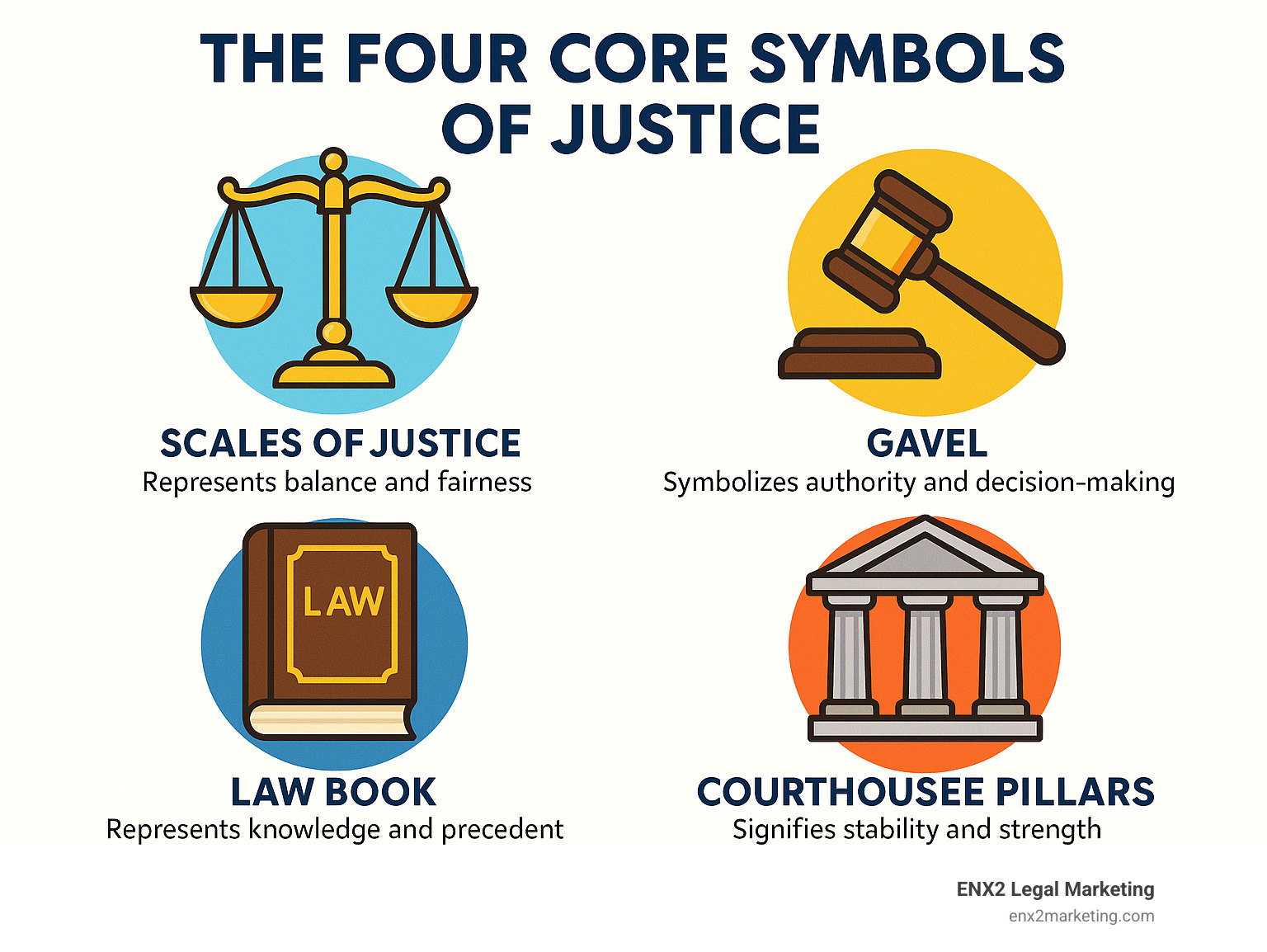 Infographic showing the four core symbols of justice: Scales of Justice representing balance and fairness, Gavel symbolizing authority and decision-making, Law Book representing knowledge and legal precedent, and Courthouse Pillars signifying stability and institutional strength, with brief explanations of their traditional meanings in legal branding - law icon infographic Infographic showing the four core symbols of justice: Scales of Justice representing balance and fairness, Gavel symbolizing authority and decision-making, Law Book representing knowledge and legal precedent, and Courthouse Pillars signifying stability and institutional strength, with brief explanations of their traditional meanings in legal branding - law icon infographic