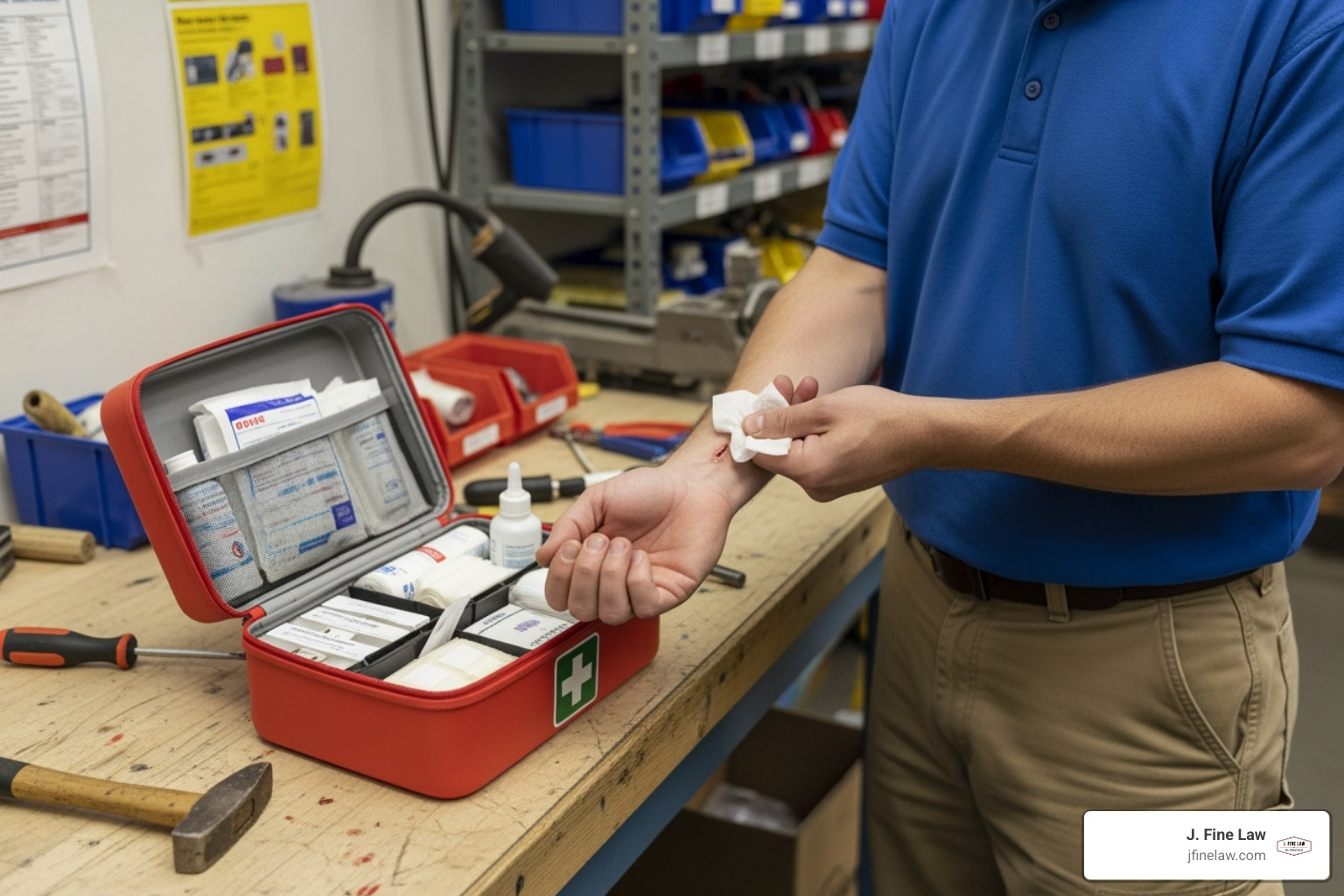 a first aid kit being used in a workplace setting - amputation work injury