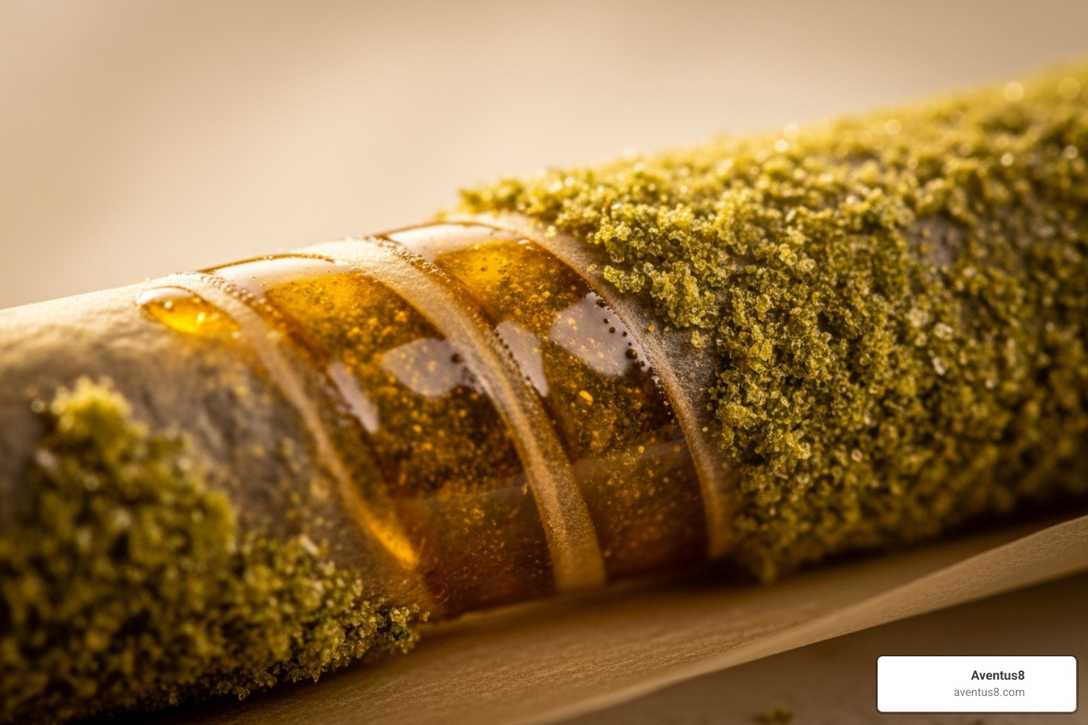 Close-up shot of a pre-roll infused with visible kief or a swirl of distillate - High-THC pre-rolls