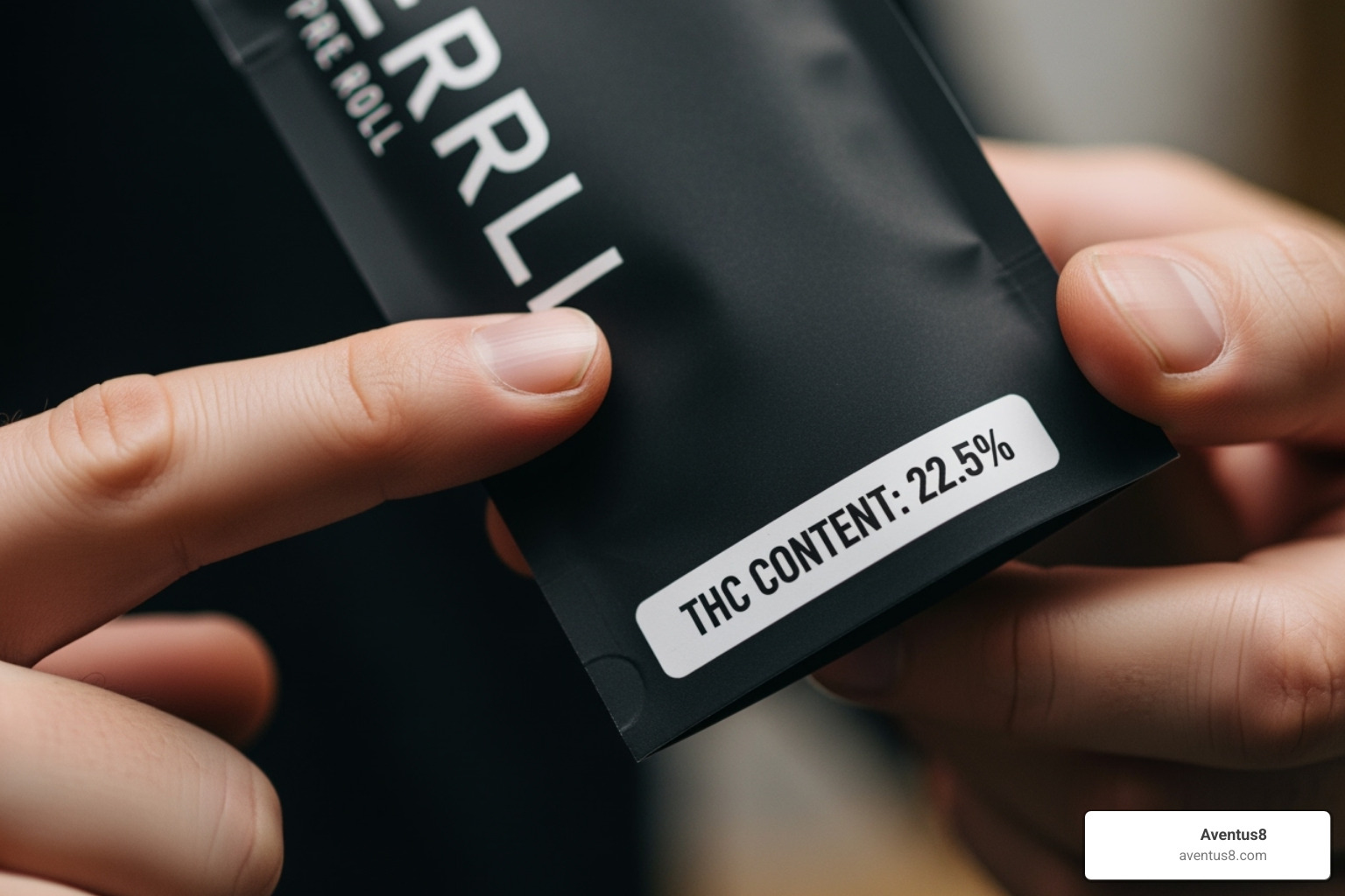 Person examining the packaging of a pre-roll, focusing on the THC content label - High-THC pre-rolls