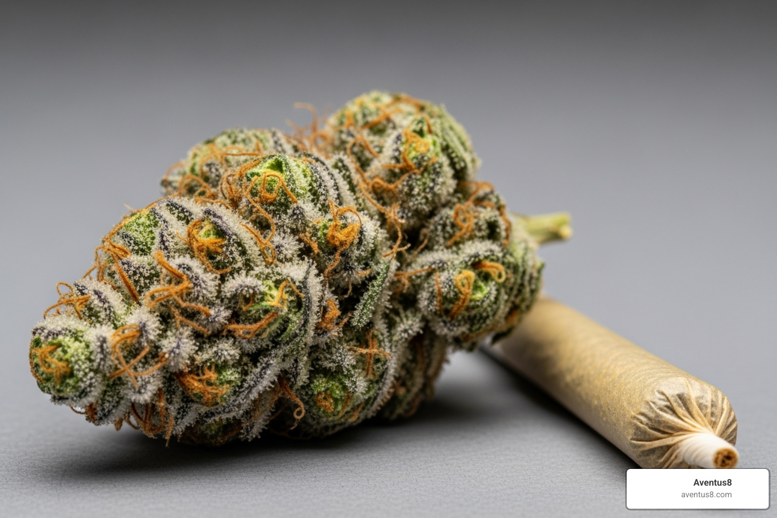 Cannabis bud covered in trichomes next to a pre-roll - High-THC pre-rolls