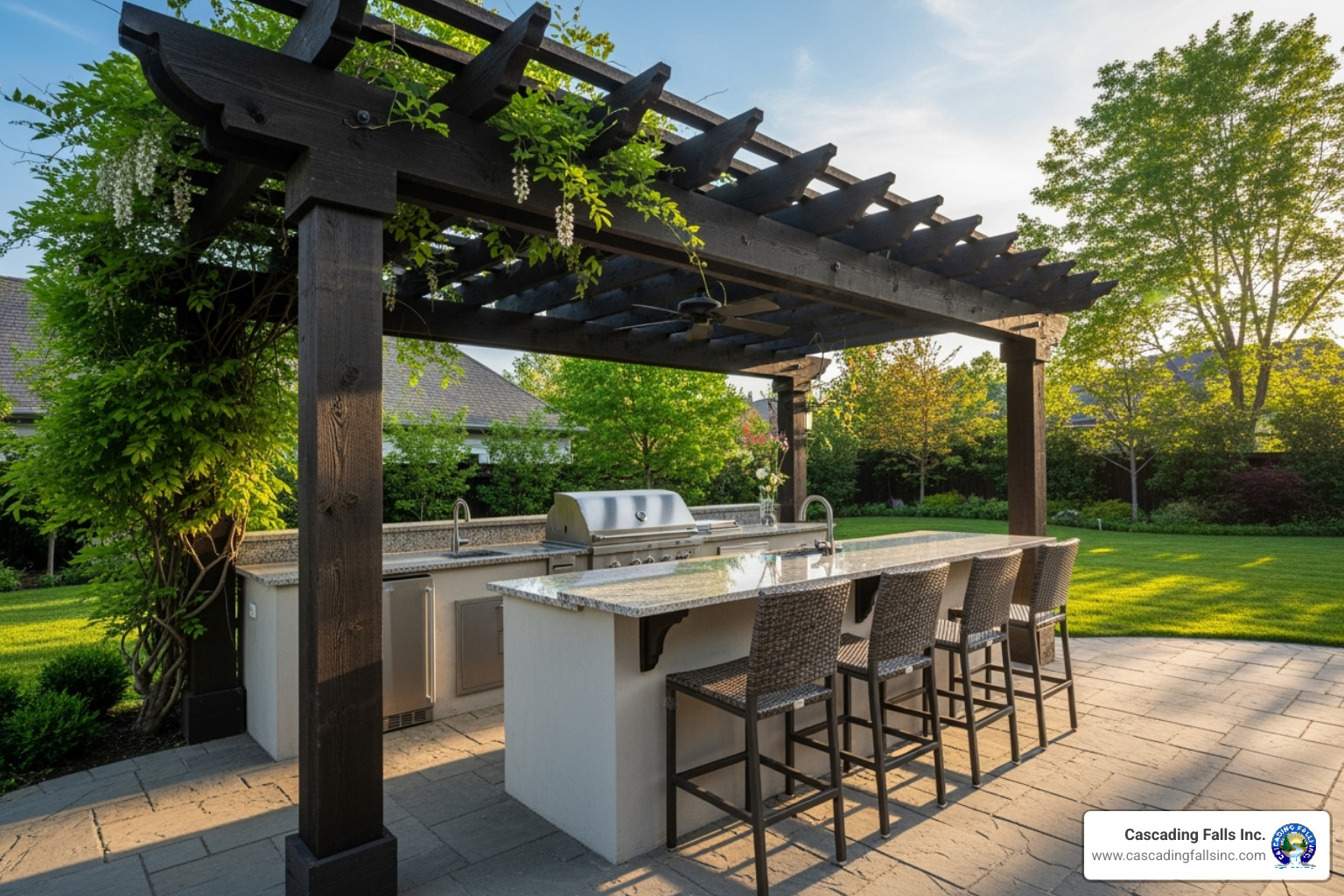 Outdoor kitchen with a two-tier bar and a large pergola - outdoor kitchen ideas Outdoor kitchen with a two-tier bar and a large pergola - outdoor kitchen ideas