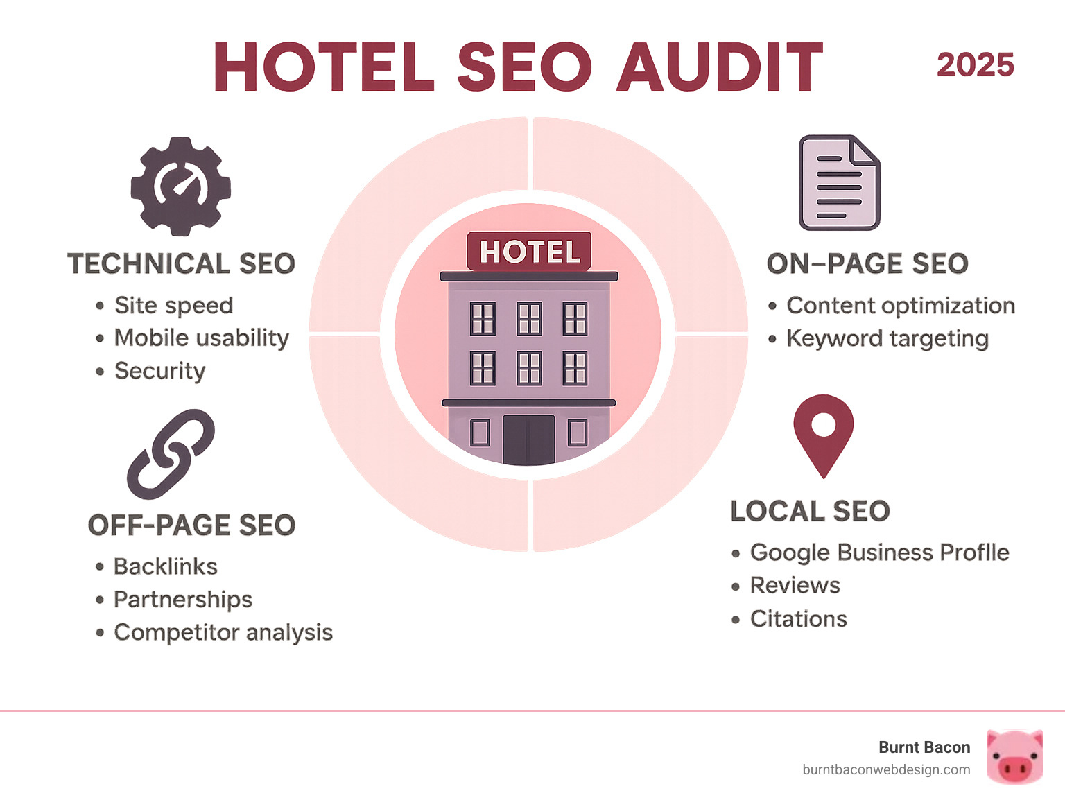 Infographic showing the four core pillars of a hotel SEO audit: Technical SEO (site speed, mobile usability, security), On-Page SEO (content optimization, keyword targeting), Local SEO (Google Business Profile, reviews, citations), and Off-Page SEO (backlinks, partnerships, competitor analysis) - hotel SEO audit infographic 