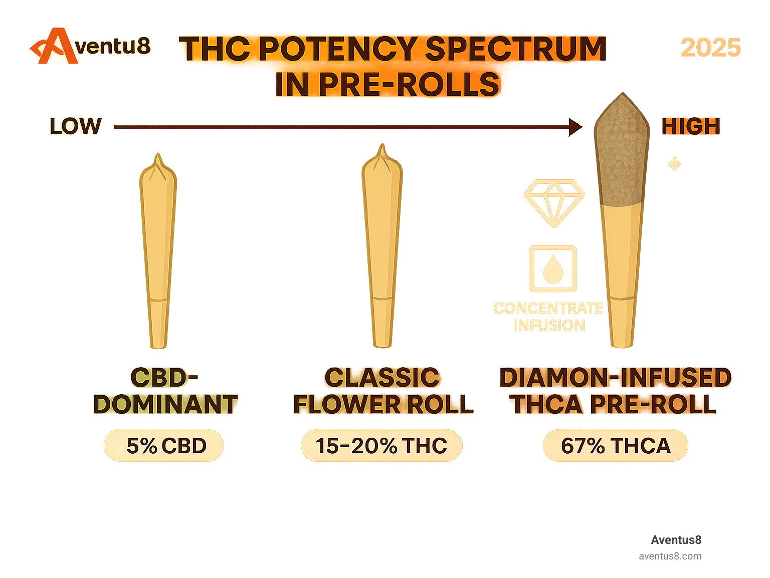 Infographic showing THC potency spectrum in pre-rolls, from 5% CBD-dominant rolls at the low end, through 15-20% moderate THC classic flower rolls in the middle, up to 67% diamond-infused THCA pre-rolls at the high end, with icons showing different infusion methods like kief dusting and concentrate infusion - High-THC pre-rolls infographic 