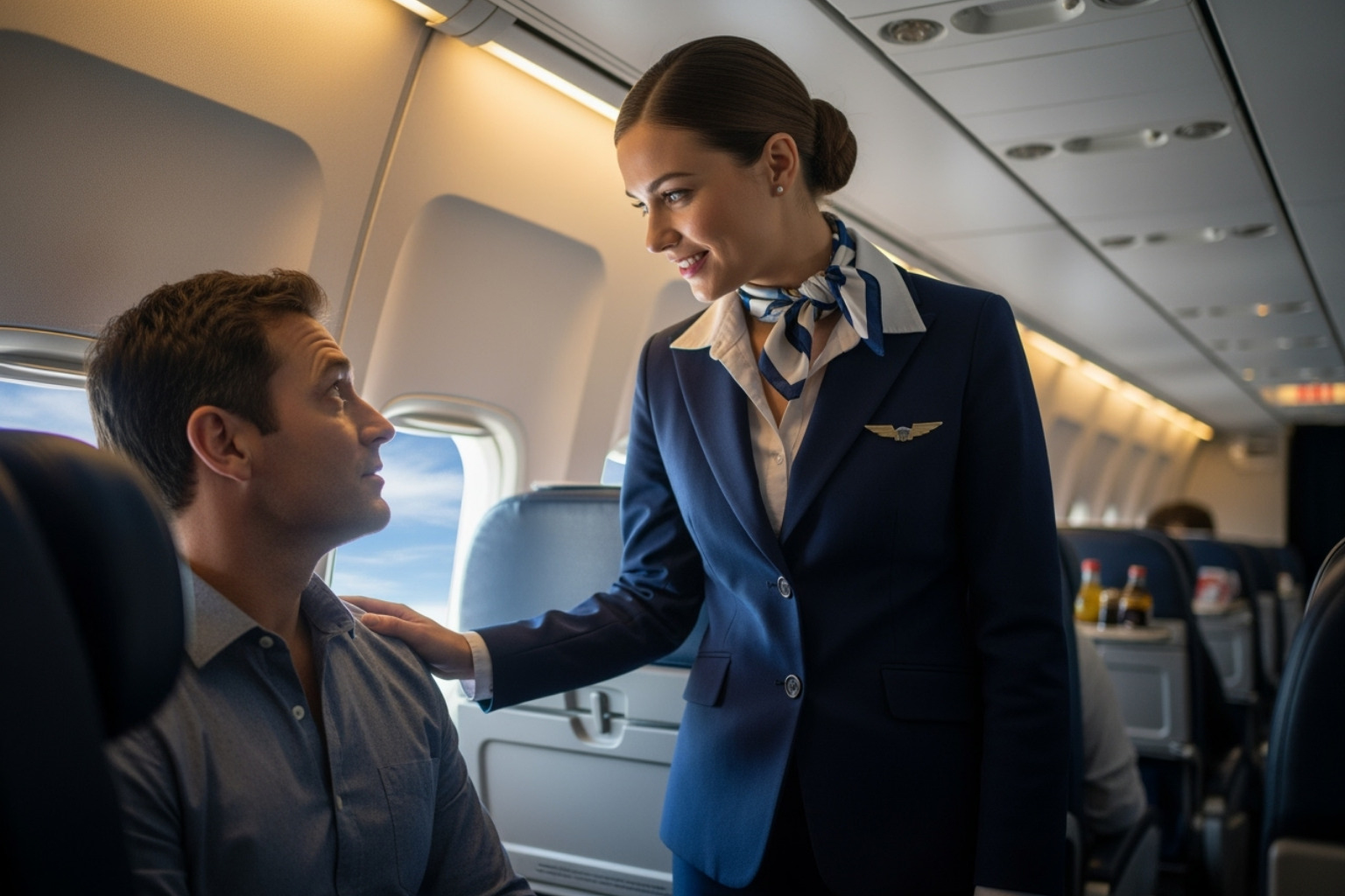 A professional and calm flight attendant interacting with passengers, offering reassurance and guidance during an in-flight situation - united airlines flight ua770 emergency diversion