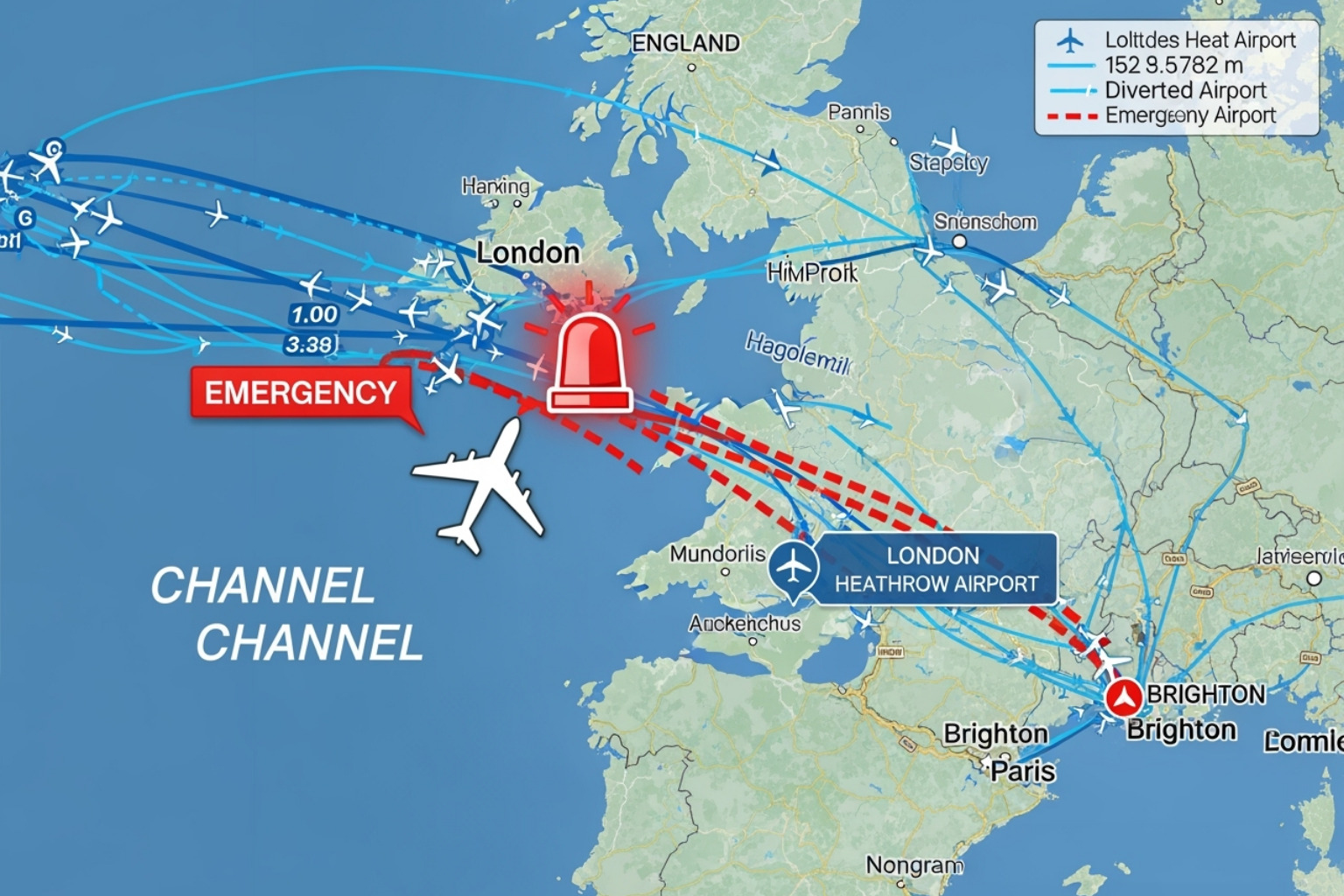Flight tracking map showing UA770's route and squawk 7700 alert over the English Channel, indicating the emergency diversion - united airlines flight ua770 emergency diversion