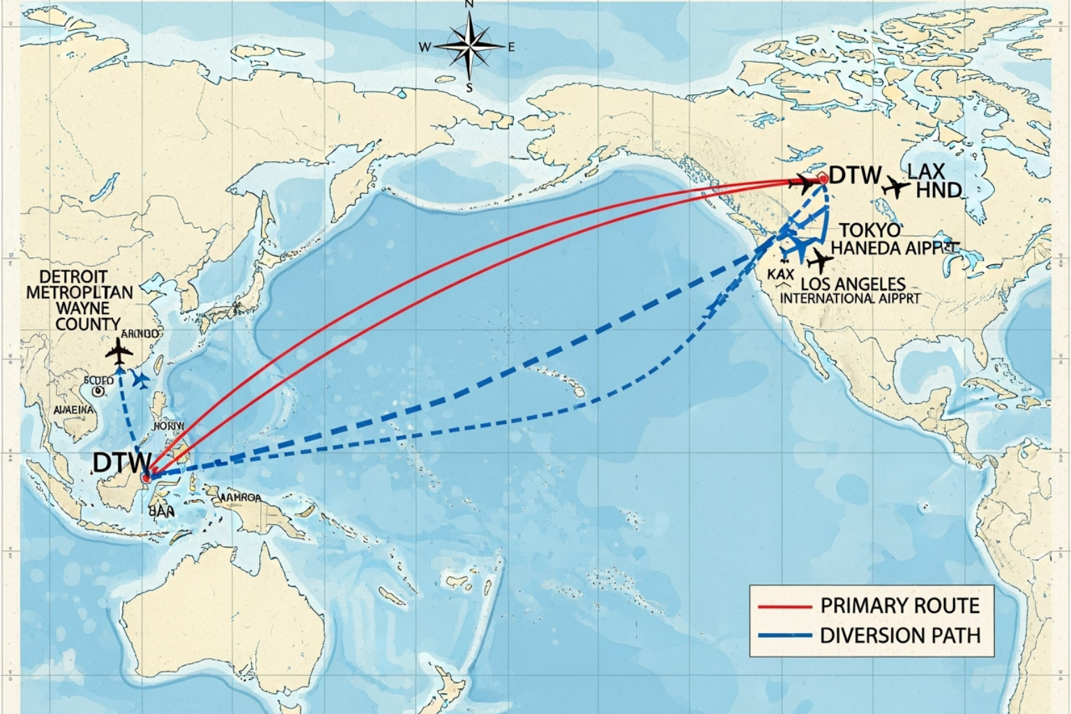 flight map showing original route from DTW to HND and diversion path to LAX - delta flight dl275 diverted lax