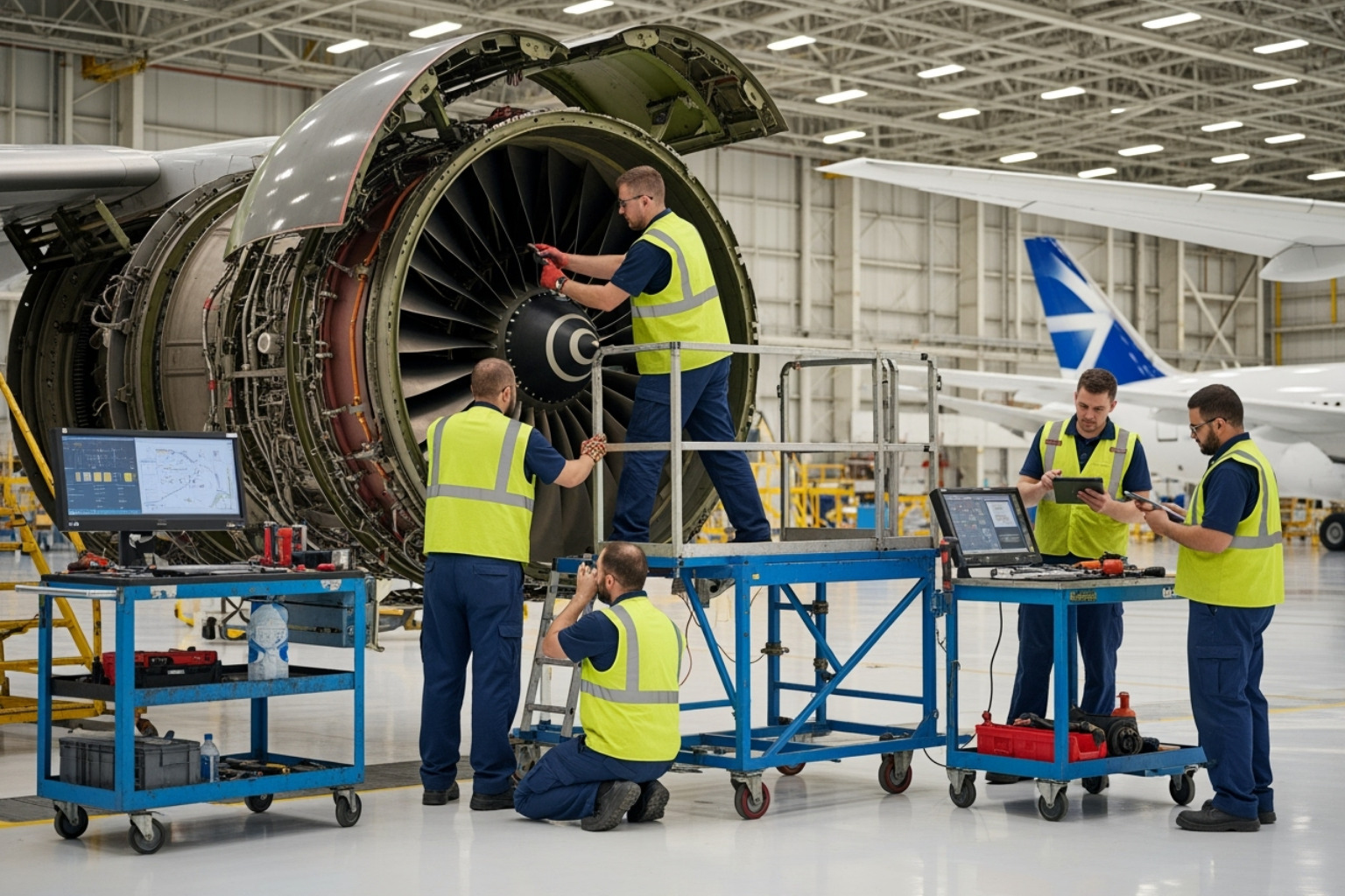 aircraft maintenance crew working on an engine - delta flight dl275 diverted lax