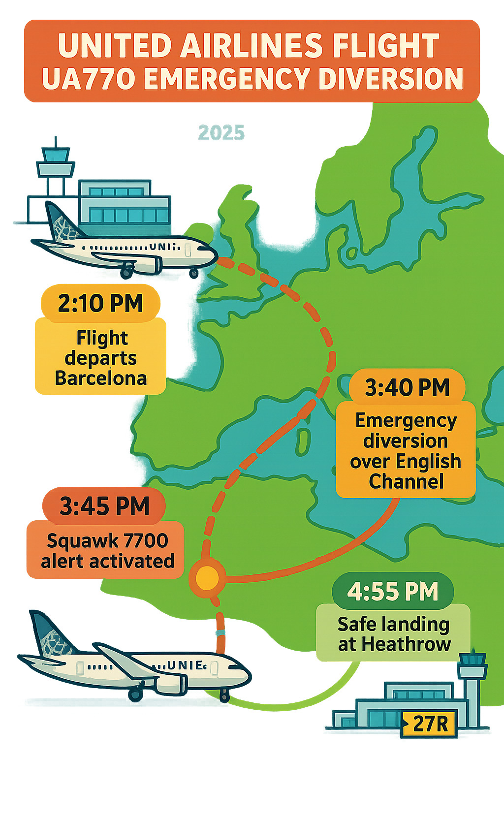 Infographic showing UA770 flight path from Barcelona Airport, emergency diversion route over English Channel, squawk 7700 alert activation, descent to London Heathrow Airport, and safe landing on Runway 27R with timeline markers - united airlines flight ua770 emergency diversion infographic 