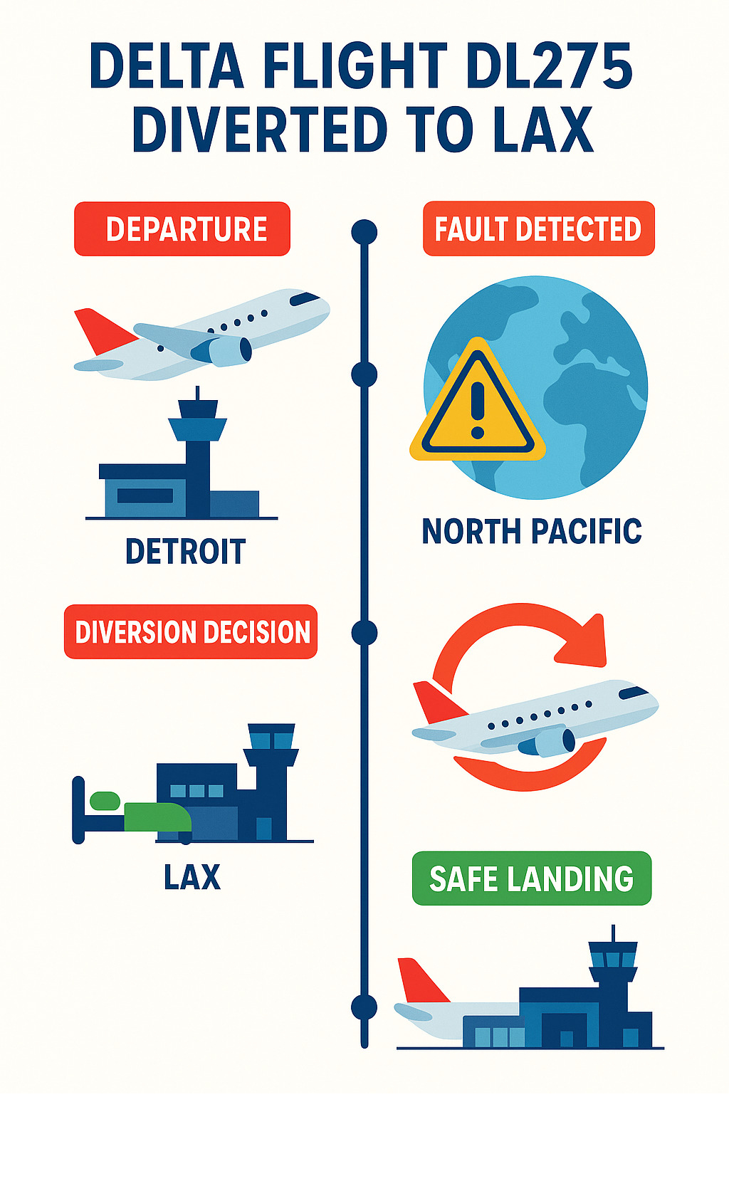 Timeline infographic showing DL275's journey from Detroit departure, fault detection over the North Pacific, diversion decision, and safe landing at LAX with passenger accommodation details - delta flight dl275 diverted lax infographic 