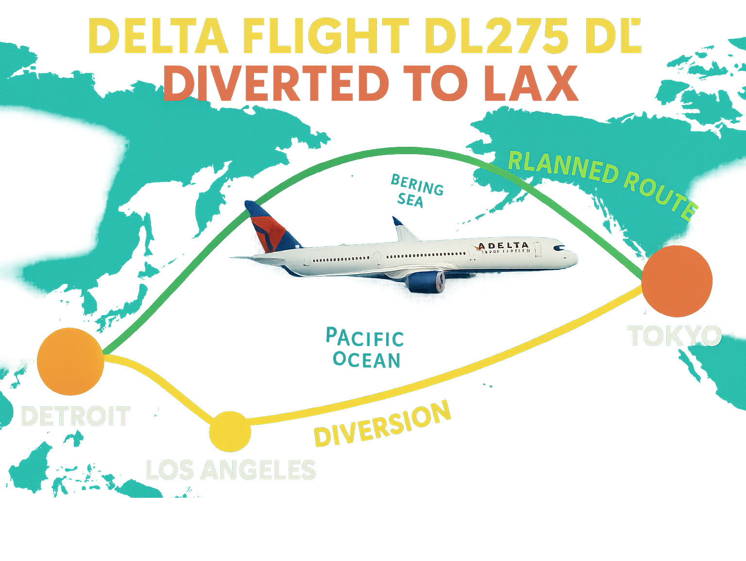 Infographic showing Delta Flight DL275's planned route from Detroit to Tokyo with diversion path over Bering Sea to Los Angeles LAX - delta flight dl275 diverted lax infographic 