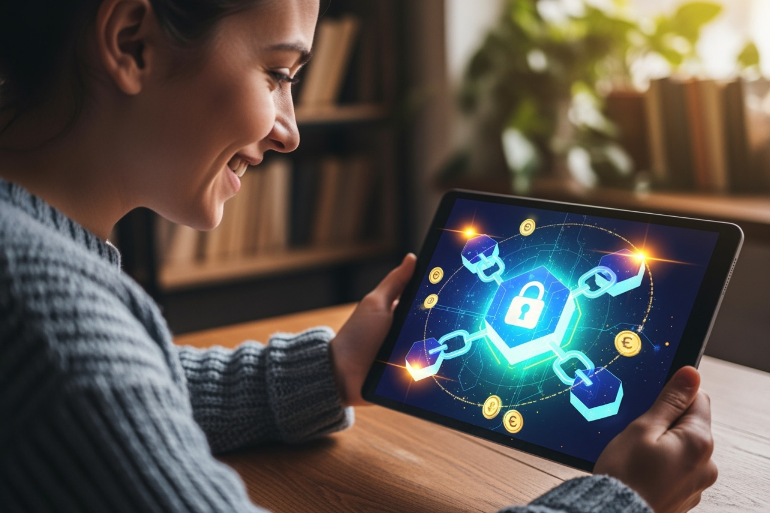 A user happily engaging with educational content on a tablet, displaying a be1crypto.com tutorial about blockchain fundamentals with clear, concise text and engaging graphics. - be1crypto.com blockchain