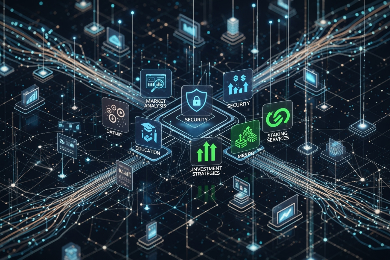 An intricate illustration depicting the be1crypto.com blockchain ecosystem, with distinct nodes representing market analysis, security infrastructure, educational resources, investment strategies, and staking services, all interconnected within a secure digital network. - be1crypto.com blockchain