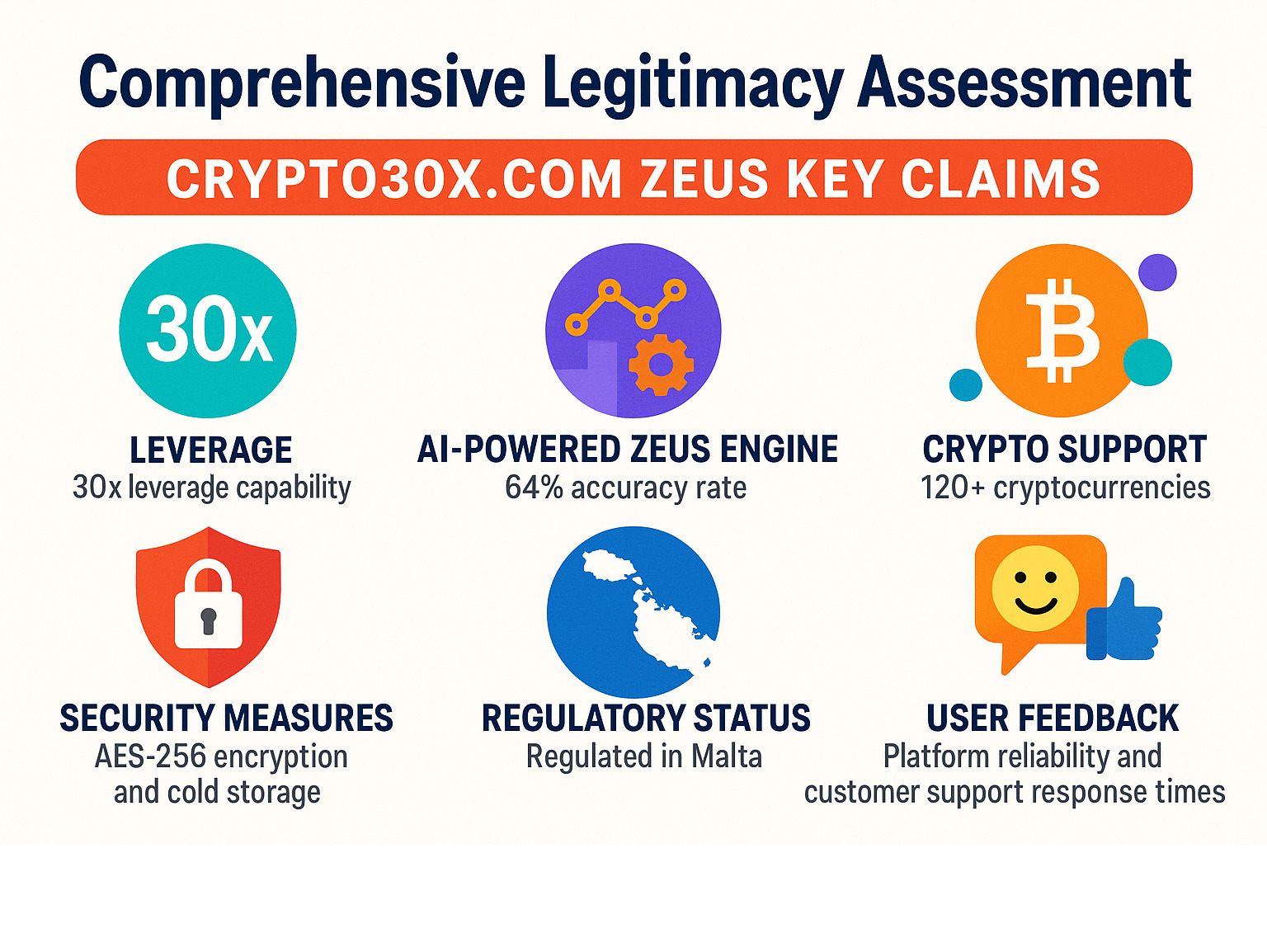 Comprehensive legitimacy assessment showing Crypto30x.com Zeus key claims: 30x leverage capability, AI-powered Zeus engine with 64% accuracy rate, support for 120+ cryptocurrencies, security measures including AES-256 encryption and cold storage, regulatory status in Malta, and user feedback on platform reliability and customer support response times - crypto30x com zeus infographic 