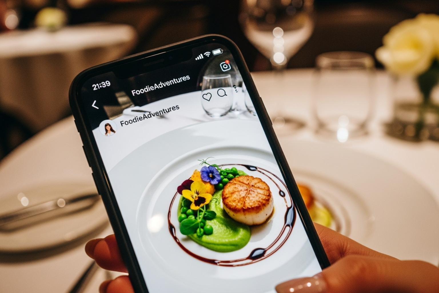 a beautifully plated meal at a restaurant with a social media caption using #gldyql - gldyql