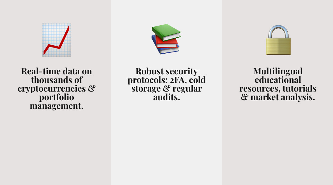 Comprehensive infographic showing Be1Crypto.com's three main pillars: Trading Tools with real-time data and portfolio management, Educational Resources with multilingual support and tutorials, and Security Features with 2FA and cold storage protocols - be1crypto.com blockchain infographic 3_facts_emoji_grey