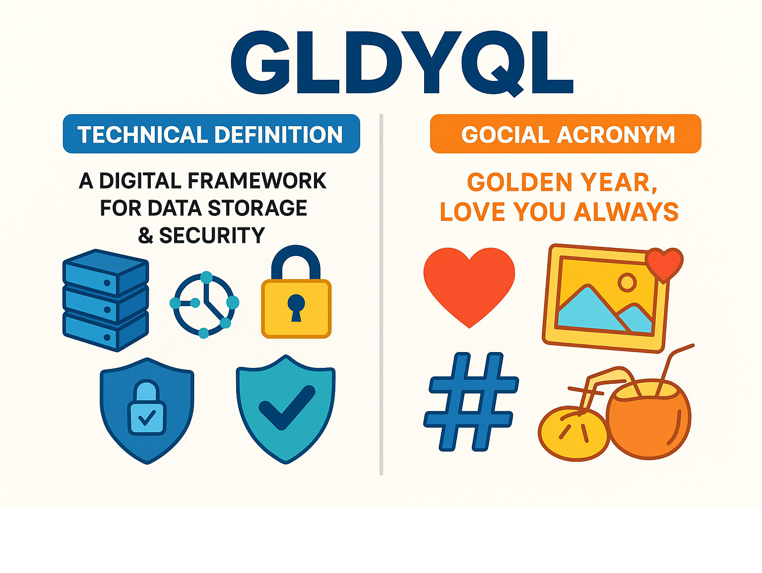 Infographic showing two main interpretations of Gldyql: on the left side, tech-focused elements including data encryption icons, security symbols, and digital framework graphics labeled as the technical definition; on the right side, social media elements including heart symbols, nostalgic photo frames, hashtag symbols, and travel/food imagery labeled as the social acronym meaning Golden Year Love You Always - gldyql infographic 