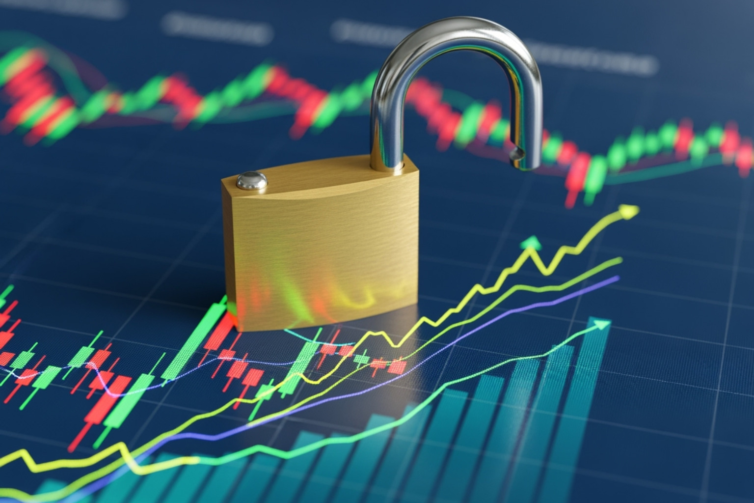 Security lock over financial chart - myfastbroker .com