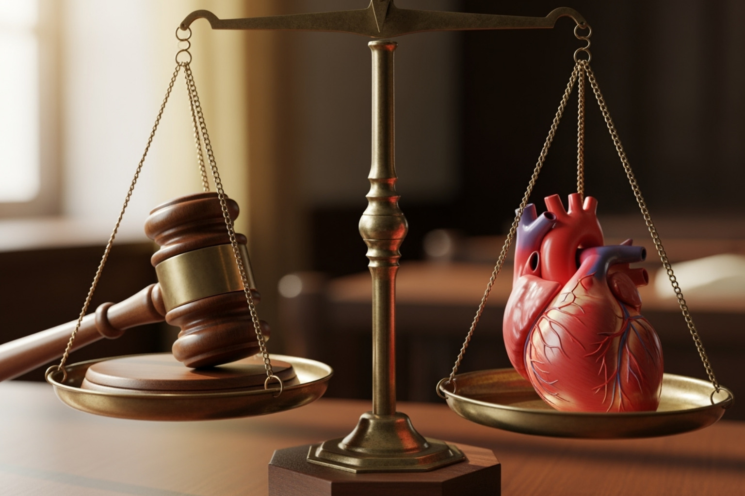 A balanced scale with a gavel on one side and a heart on the other, symbolizing legal and emotional balance - mylawyer360.com