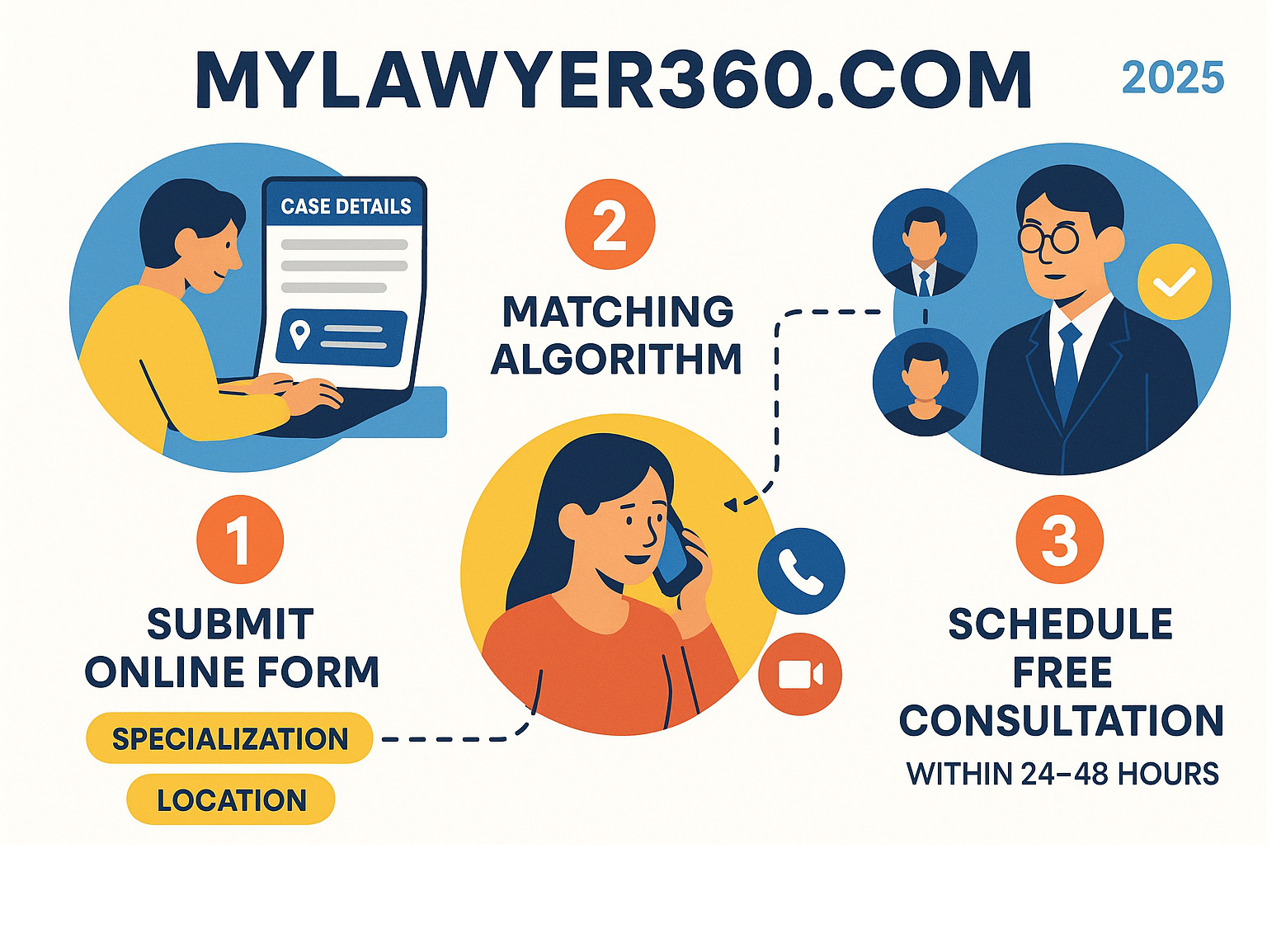 Comprehensive infographic showing mylawyer360.com's three-step process: Step 1 shows a person submitting an online form with case details and location, Step 2 displays the platform's matching algorithm connecting users with vetted attorneys based on specialization and location, and Step 3 illustrates scheduling a free consultation via phone, video call, or secure messaging within 24-48 hours - mylawyer360.com infographic 