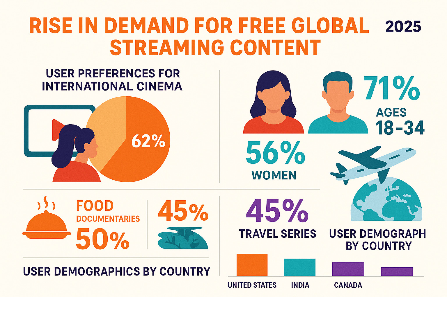 Comprehensive comparison showing the rise in demand for free global streaming content, featuring statistics on user preferences for international cinema, food documentaries, and travel series across different demographics and regions -  banflix infographic 