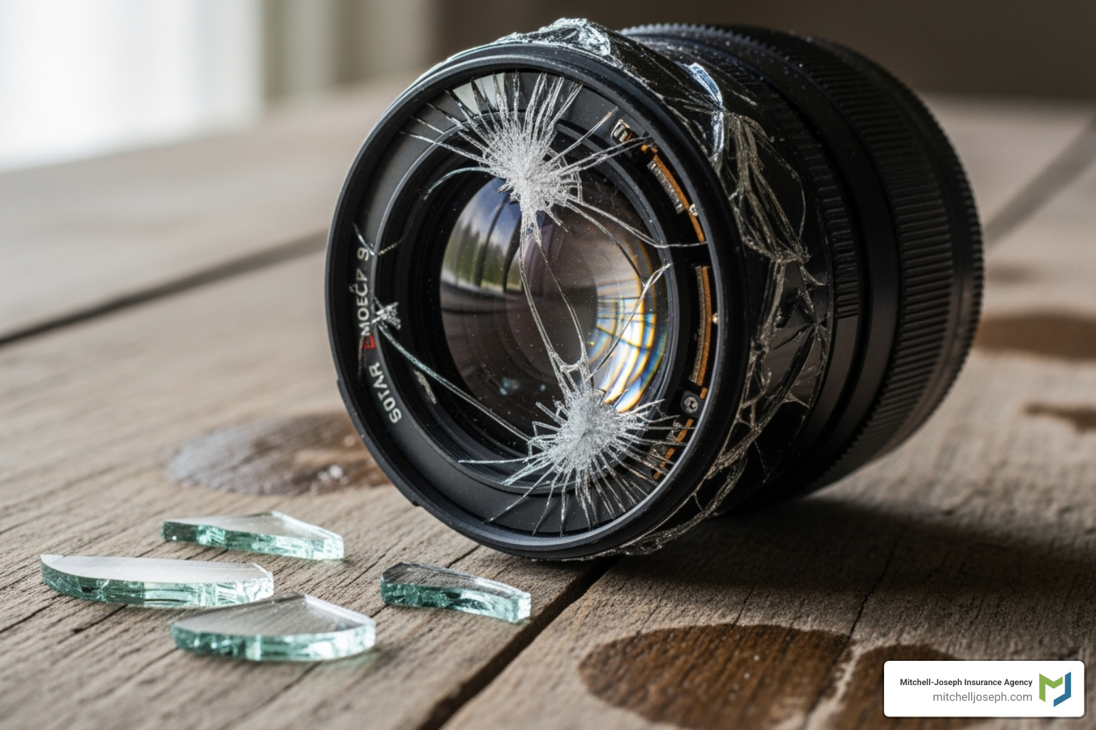 A damaged camera lens rests on a table, symbolizing the fragility of videography equipment. - videography insurance A damaged camera lens rests on a table, symbolizing the fragility of videography equipment. - videography insurance
