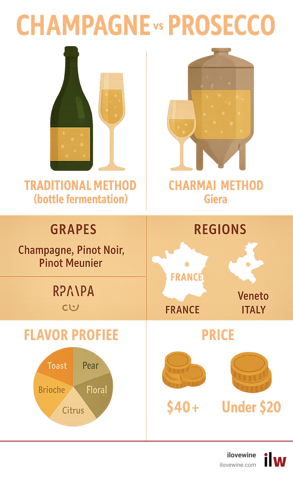 Detailed comparison infographic showing Champagne vs Prosecco production methods, grape varieties, regional maps of Champagne France and Veneto Italy, flavor wheel comparisons, and price point ranges with visual representations of traditional method vs Charmat method fermentation - champagne & prosecco infographic 