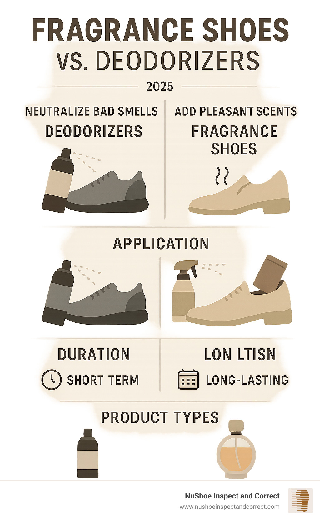 Detailed infographic showing the difference between traditional shoe deodorizers that only neutralize bad smells versus fragrance shoe products that add pleasant scents, including application methods, duration, and product types - fragrance shoes infographic Detailed infographic showing the difference between traditional shoe deodorizers that only neutralize bad smells versus fragrance shoe products that add pleasant scents, including application methods, duration, and product types - fragrance shoes infographic