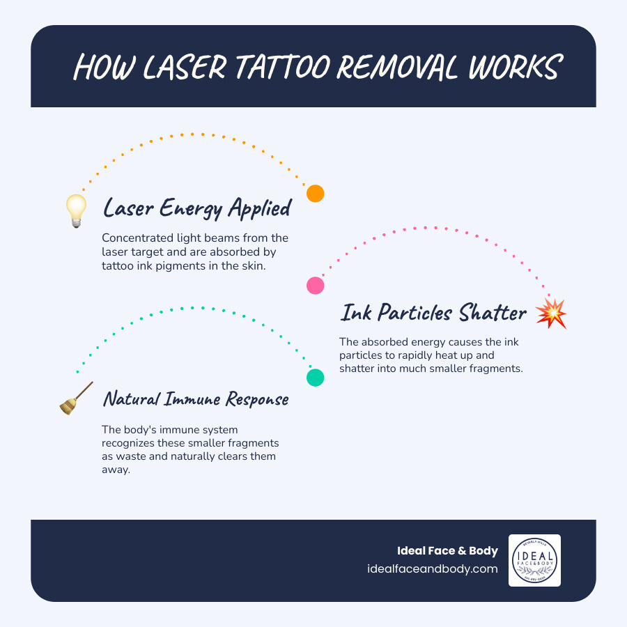 Infographic showing laser energy breaking down tattoo ink particles in multiple layers of skin, with the body's immune system clearing away fragmented ink particles through lymphatic drainage and natural elimination processes - Tattoo removal Beverly Hills infographic infographic-line-3-steps-blues-accent_colors
