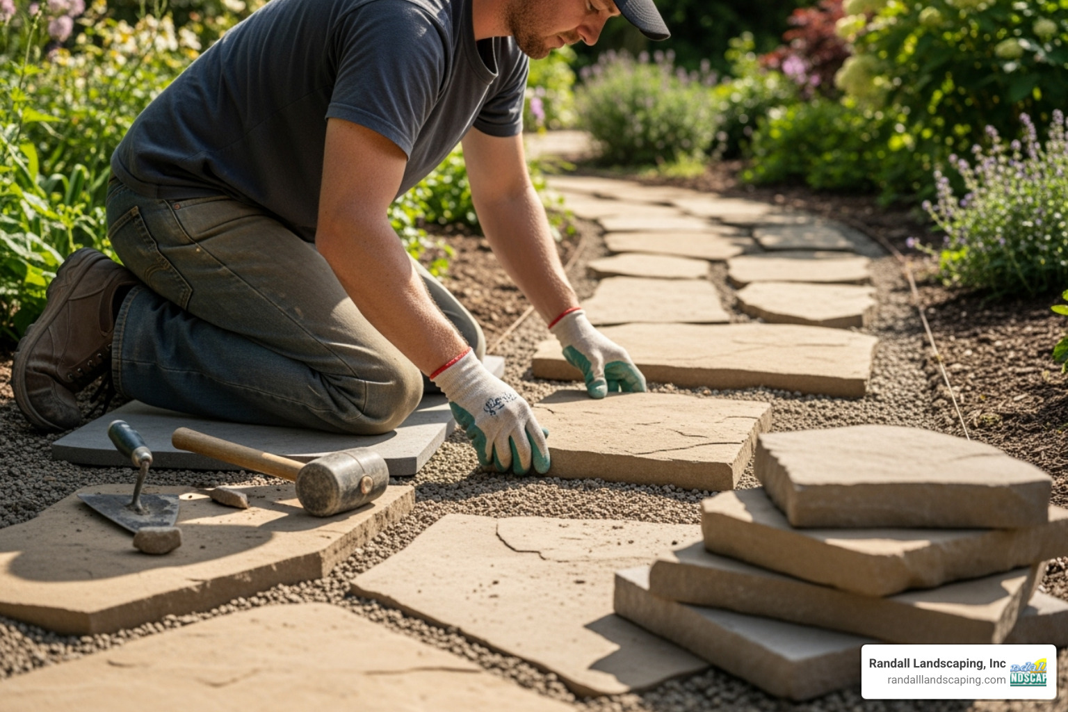 person laying flagstones - how to install a flagstone walkway with mortar person laying flagstones - how to install a flagstone walkway with mortar