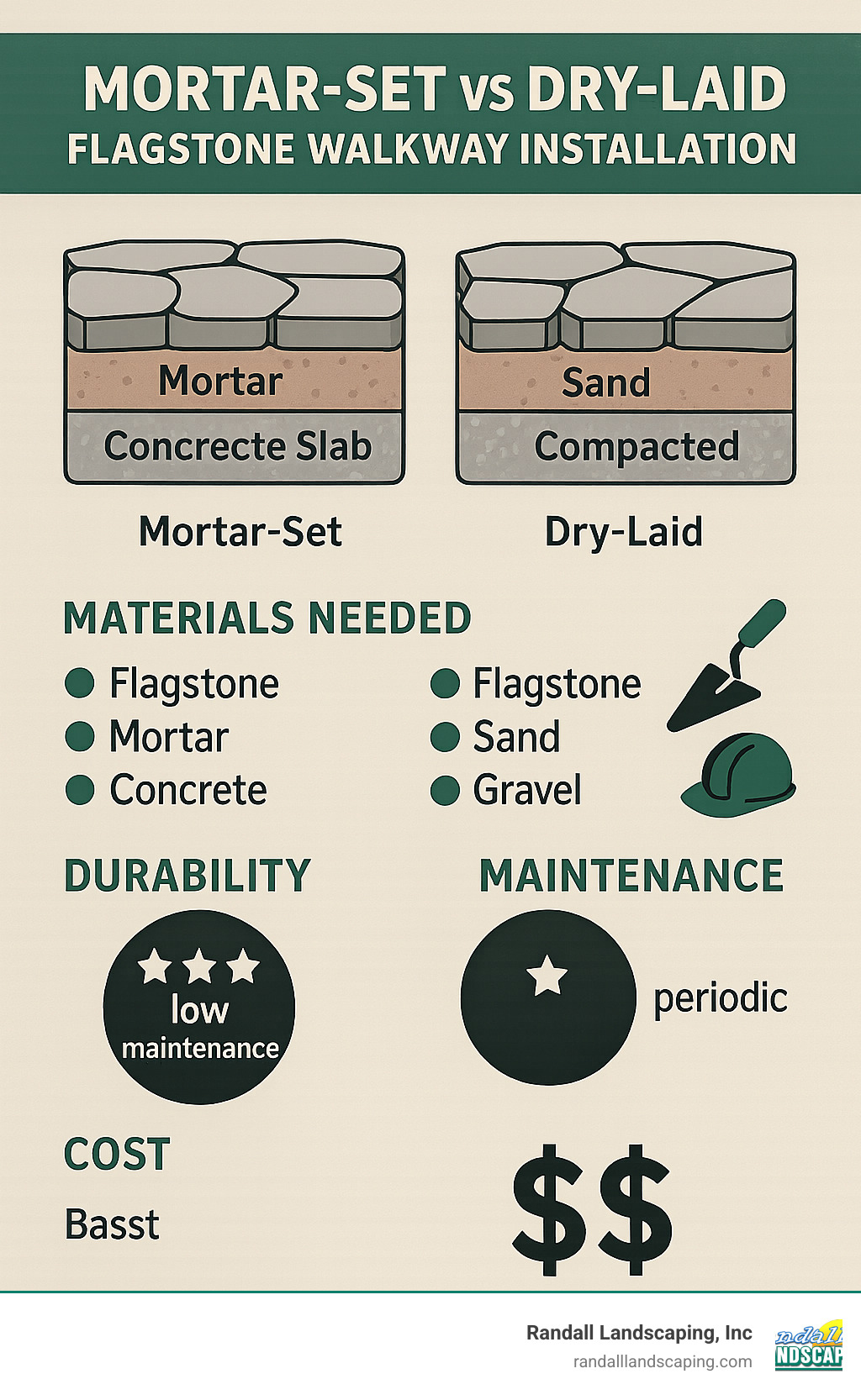 Detailed comparison infographic showing mortar-set vs dry-laid flagstone walkway installation methods, including cross-section views of base layers, materials needed, durability ratings, maintenance requirements, and cost comparisons - how to install a flagstone walkway with mortar infographic Detailed comparison infographic showing mortar-set vs dry-laid flagstone walkway installation methods, including cross-section views of base layers, materials needed, durability ratings, maintenance requirements, and cost comparisons - how to install a flagstone walkway with mortar infographic