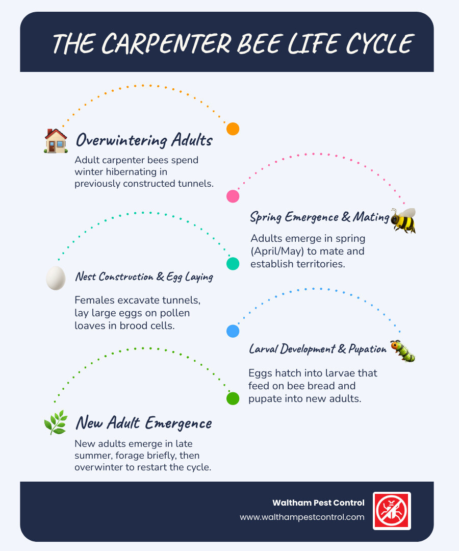 Detailed infographic showing the life cycle of a carpenter bee from egg to adult inside a wooden tunnel, illustrating the pollen loaf and partition walls - Carpenter Bees infographic infographic-line-5-steps-blues-accent_colors
