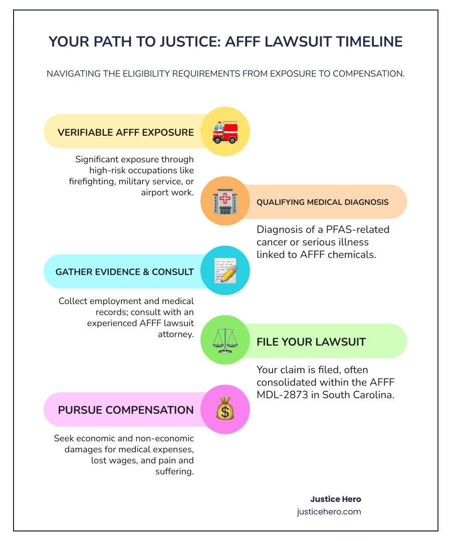 Infographic showing the timeline from initial AFFF exposure through high-risk occupations to cancer diagnosis, legal consultation, case filing, and potential compensation, with key eligibility checkpoints highlighted at each stage - eligibility requirements for a firefighting foam lawsuit infographic infographic-line-5-steps-colors
