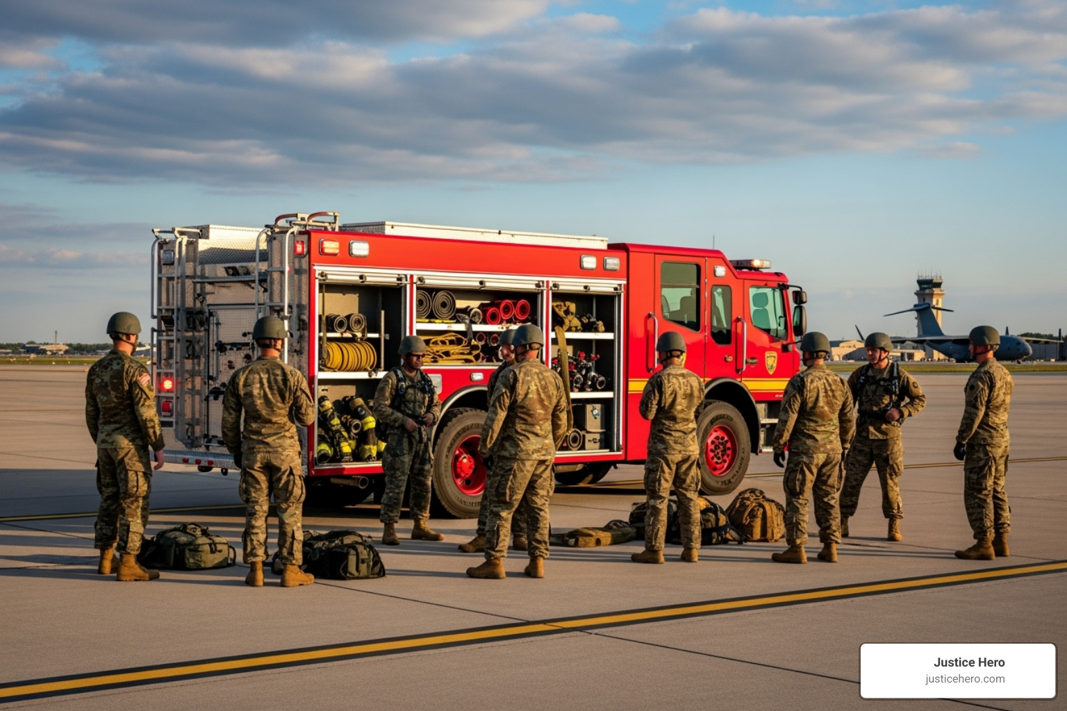 military personnel on an airfield near firefighting equipment - eligibility requirements for a firefighting foam lawsuit