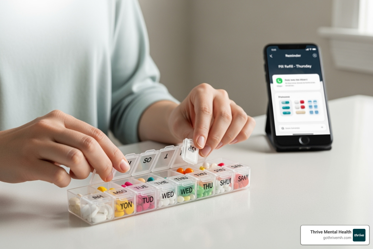 A person organizing pills in a weekly pill organizer, with a smartphone showing a reminder app in the background, set in a clean, minimalist home environment. - Medication Management