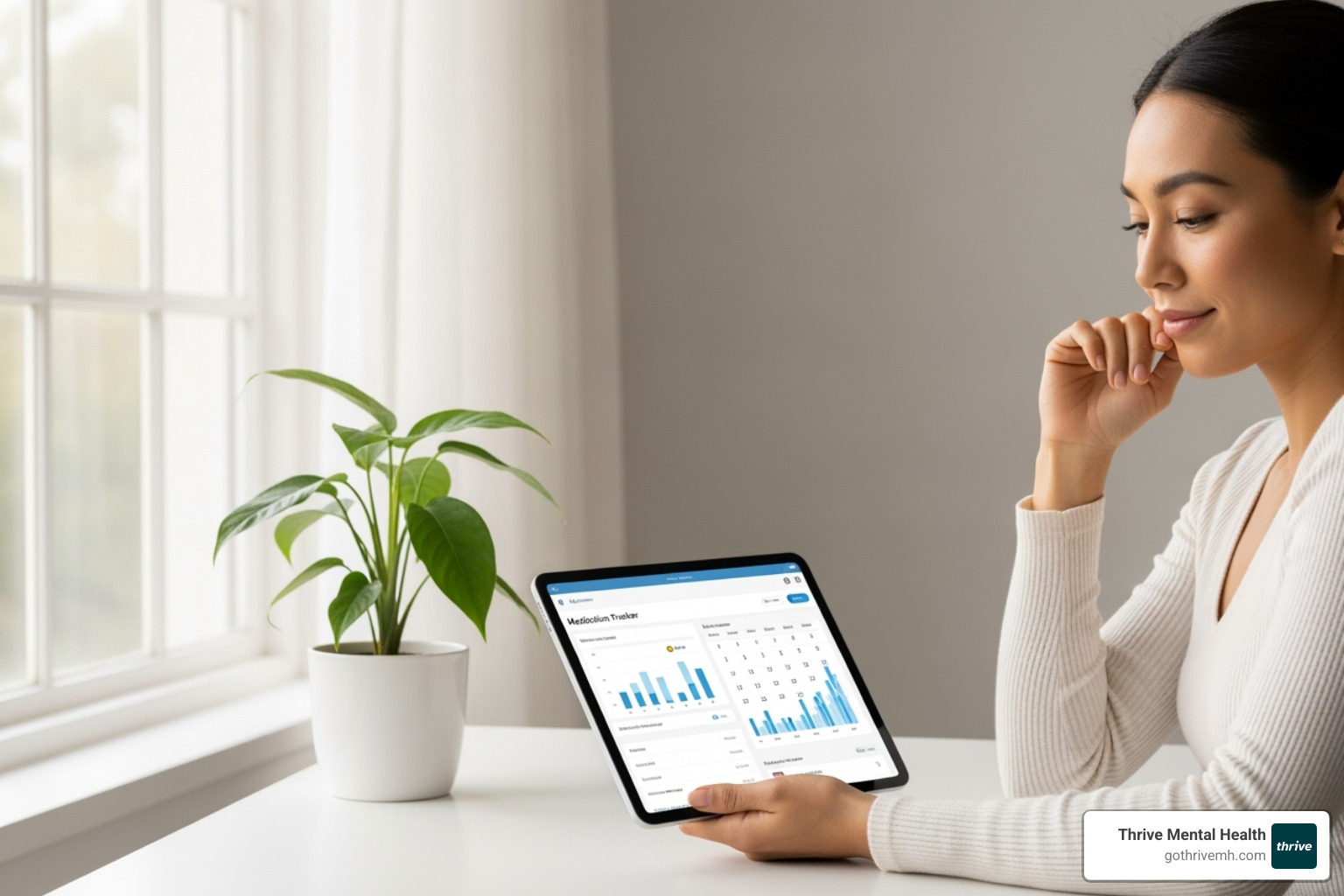 A person with a calm and confident expression, looking at a neatly organized medicine cabinet or a digital medication tracker on a tablet. The setting is bright and serene. - Medication Management