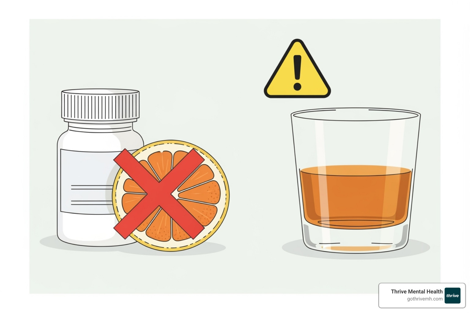 An illustration depicting various food and drug interactions, such as a grapefruit crossed out next to a pill bottle, or alcohol with a warning symbol. The style is clean and informative. - Medication Management