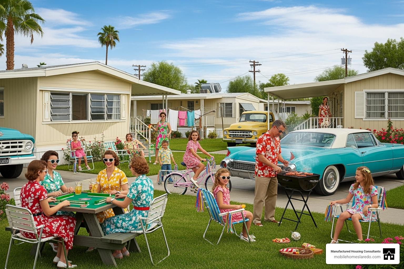 mid-century mobile home park with residents socializing - old mobile home brands mid-century mobile home park with residents socializing - old mobile home brands