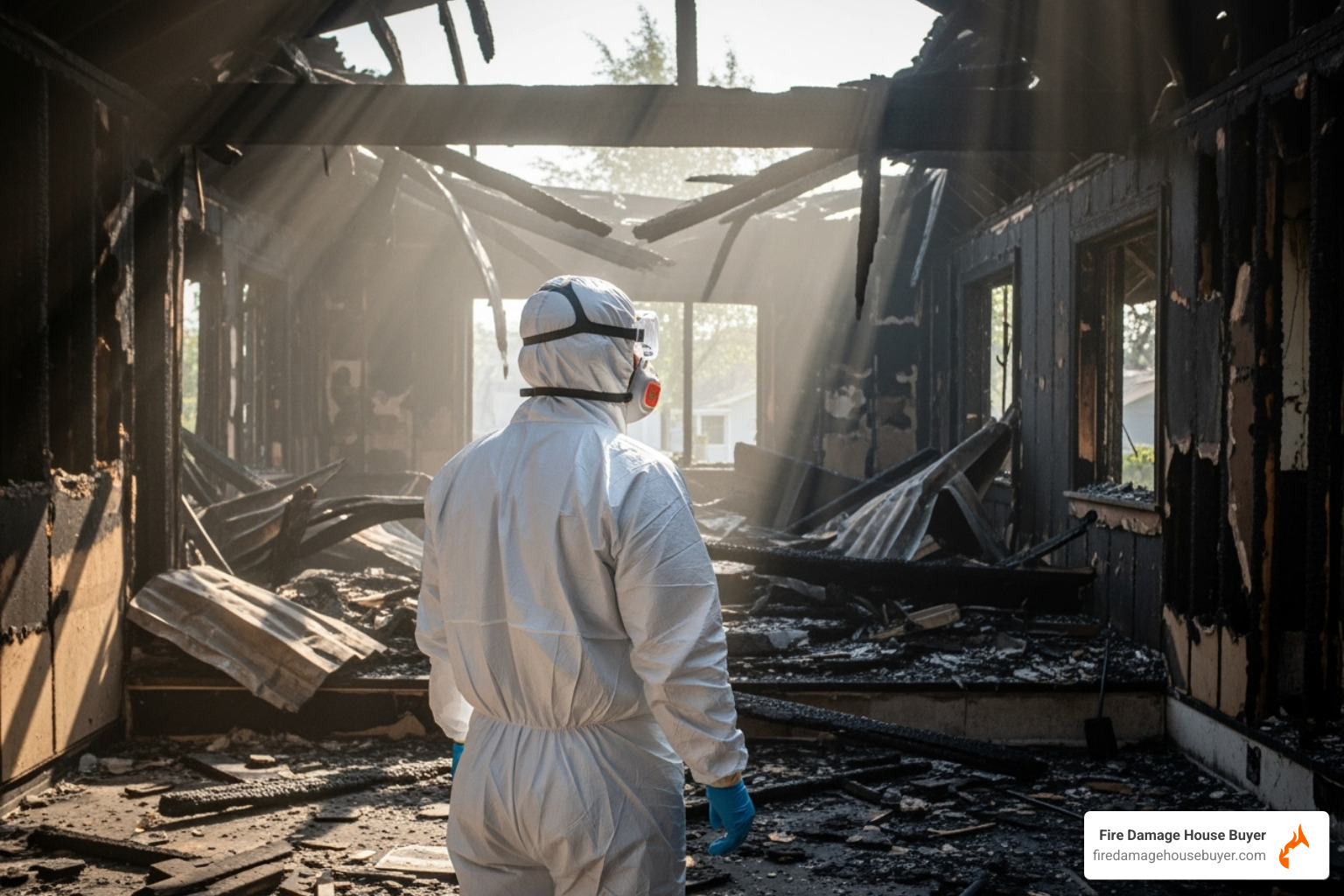 person wearing full PPE - cleaning up after a house fire​