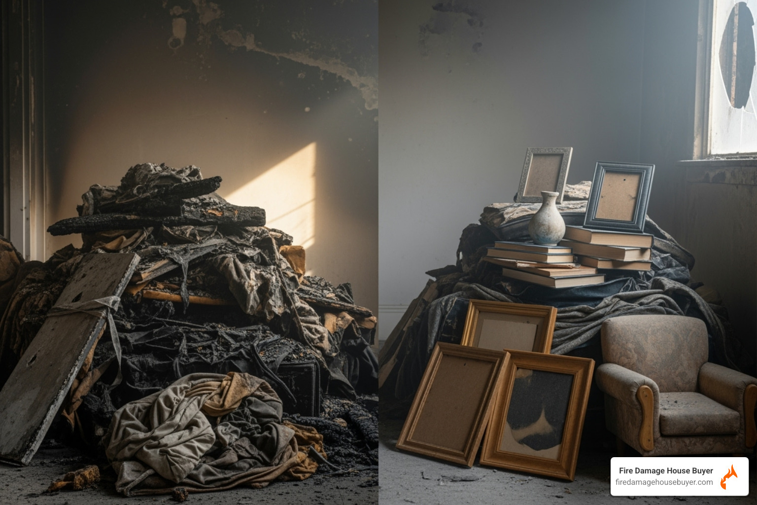 sorted piles of salvageable and unsalvageable items - cleaning up after a house fire​
