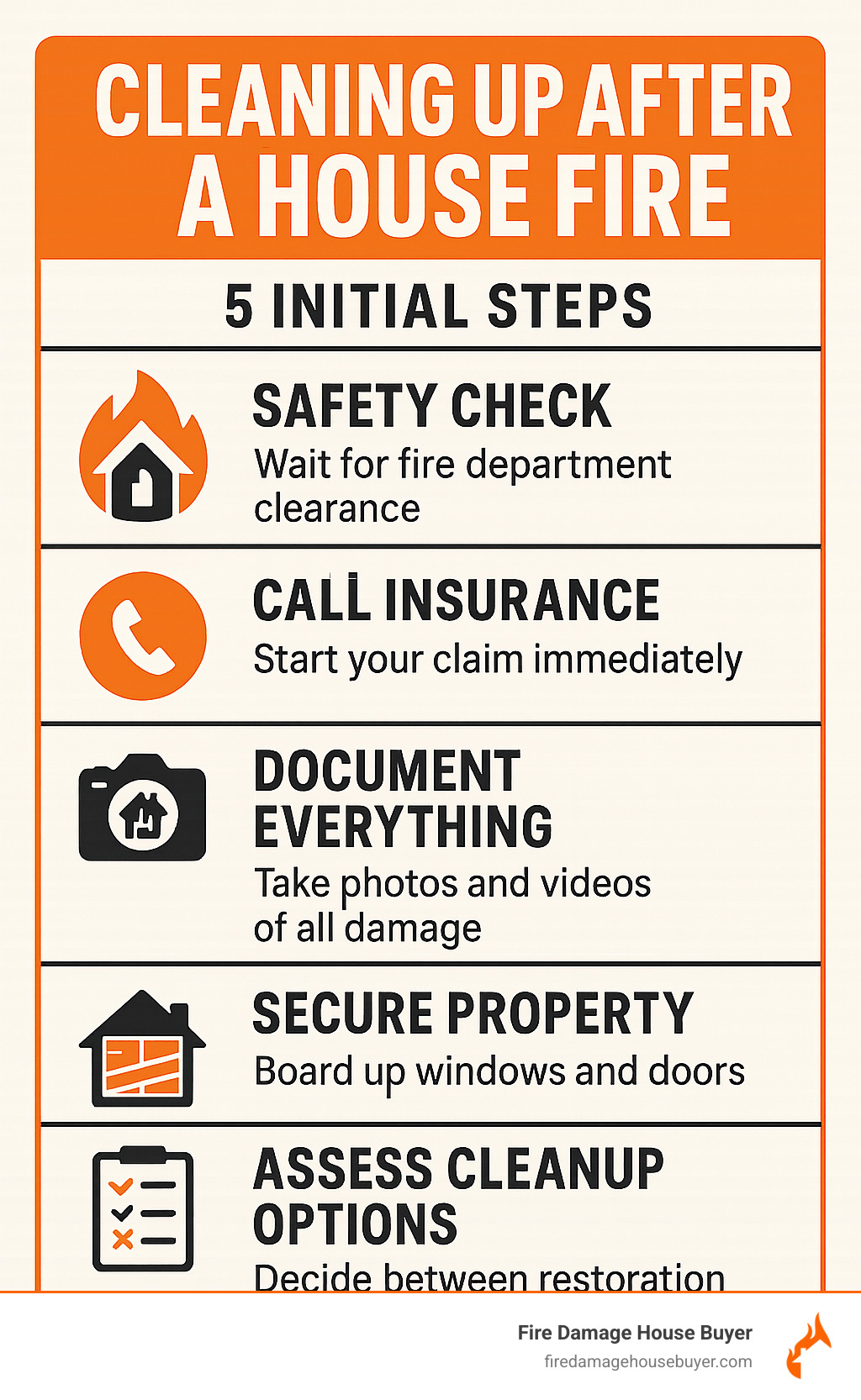 Infographic showing the 5 initial steps after a house fire: 1. Safety Check - Wait for fire department clearance, 2. Call Insurance - Start your claim immediately, 3. Document Everything - Take photos and videos of all damage, 4. Secure Property - Board up windows and doors, 5. Assess Cleanup Options - Decide between restoration or selling as-is - cleaning up after a house fire​ infographic 