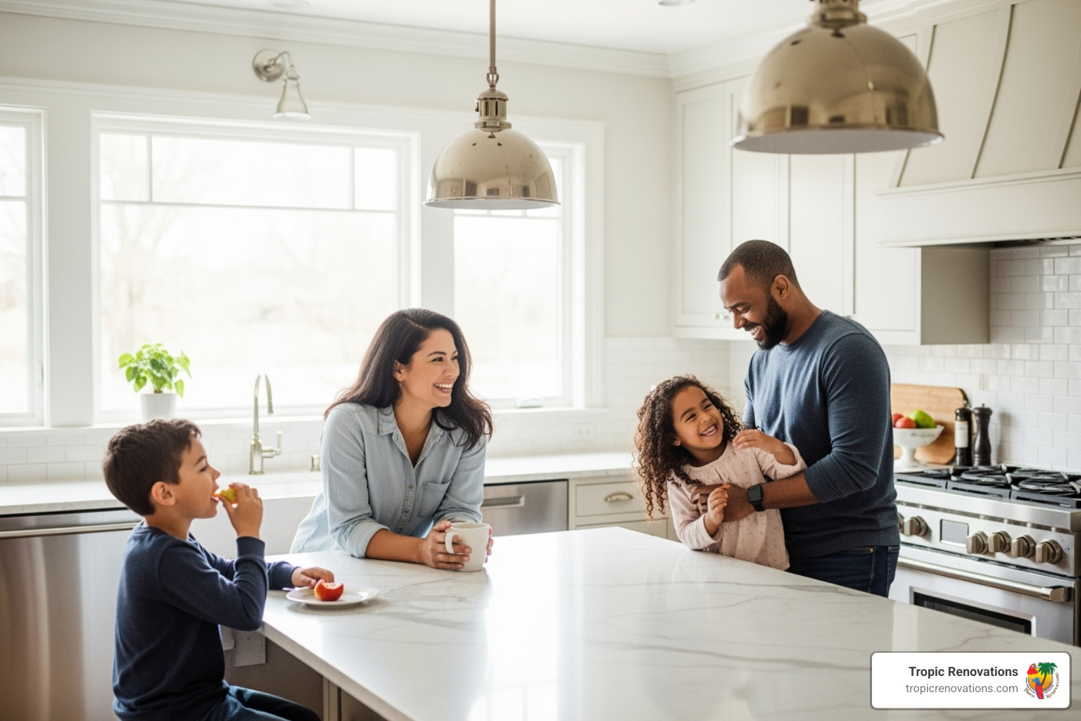 Happy family enjoying their newly renovated kitchen - Are you insured?
