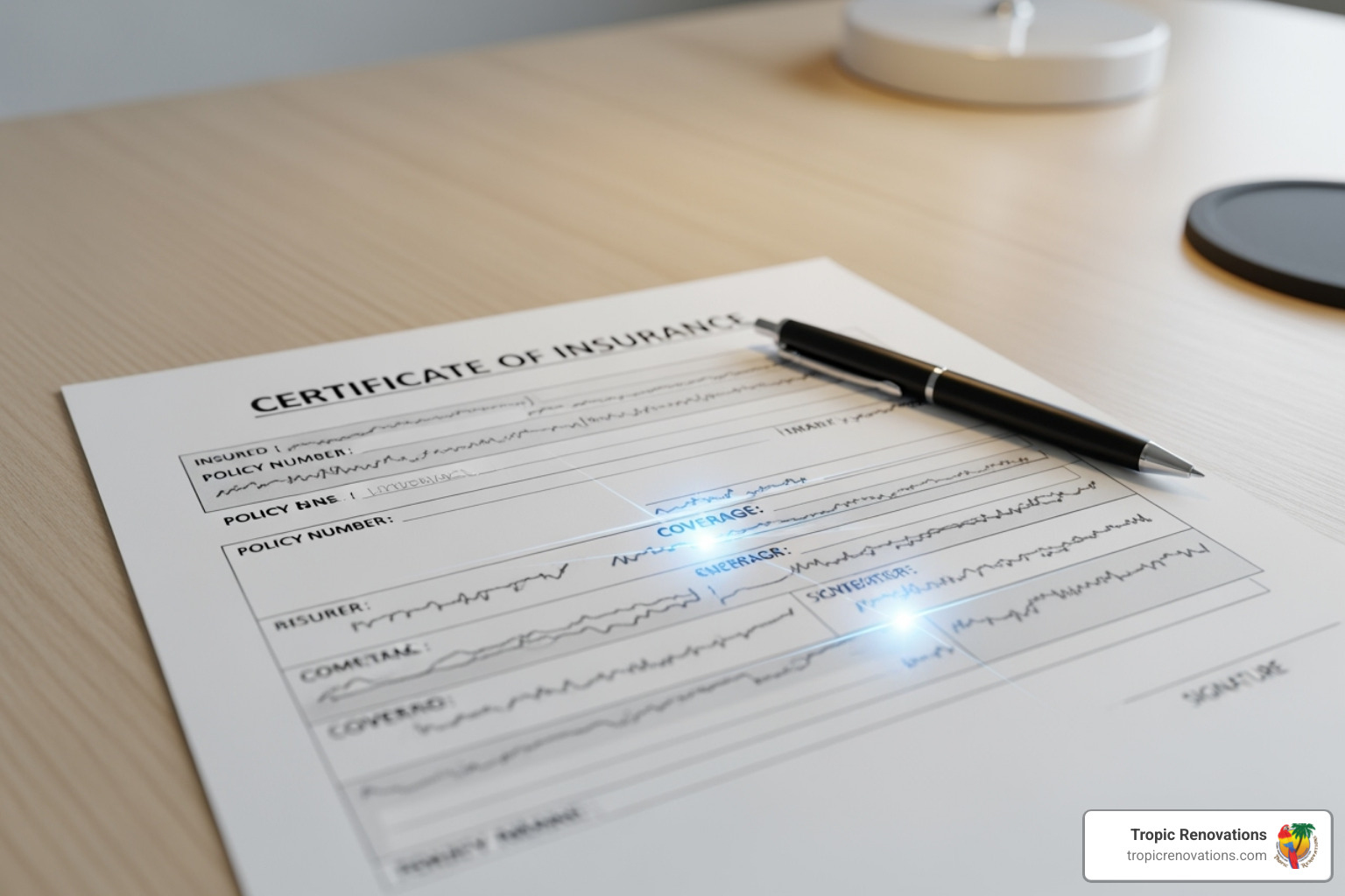 Sample Certificate of Insurance (COI) with key sections highlighted - Are you insured?