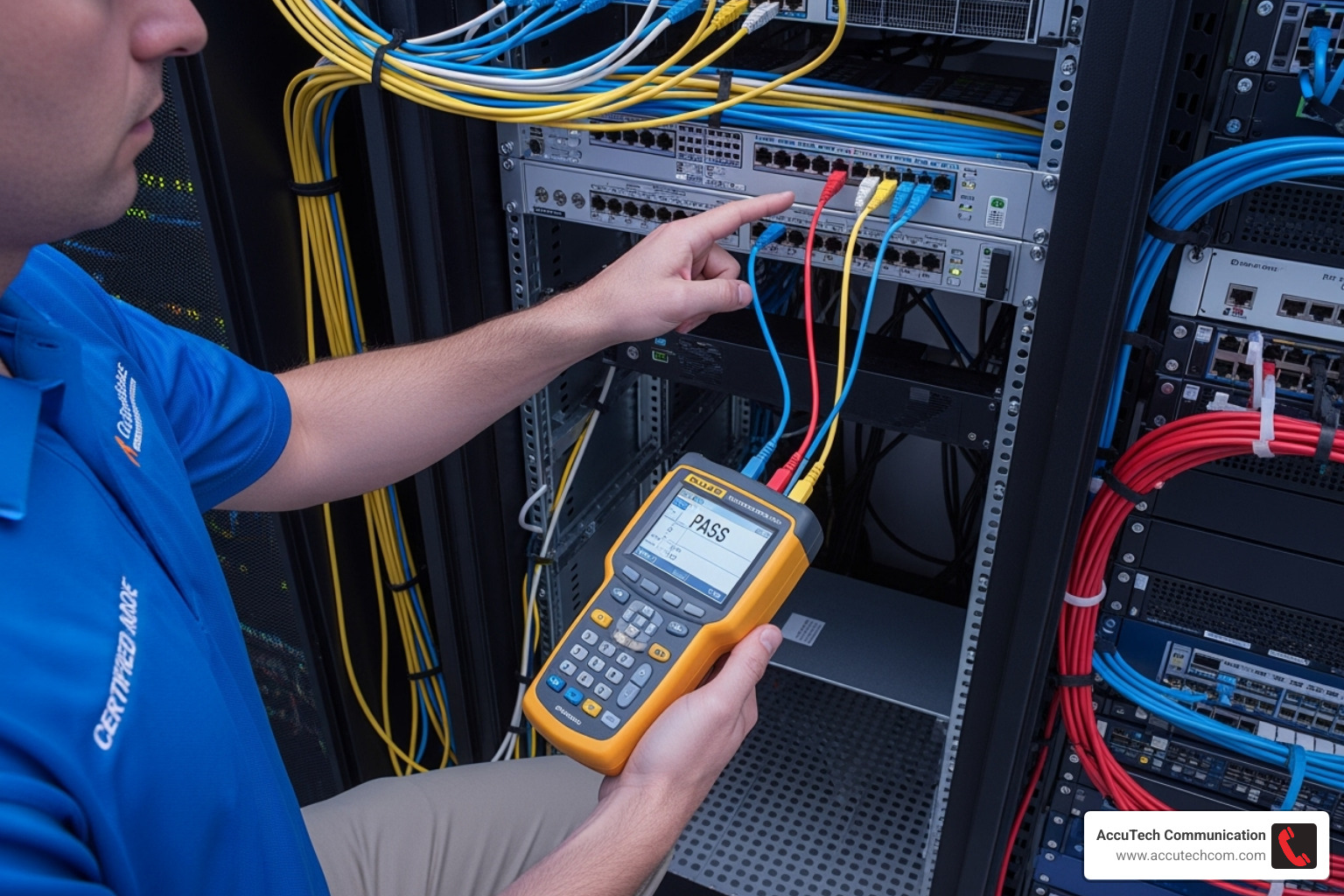 Certified technician testing network ports with a cable certifier - voice data cabling
