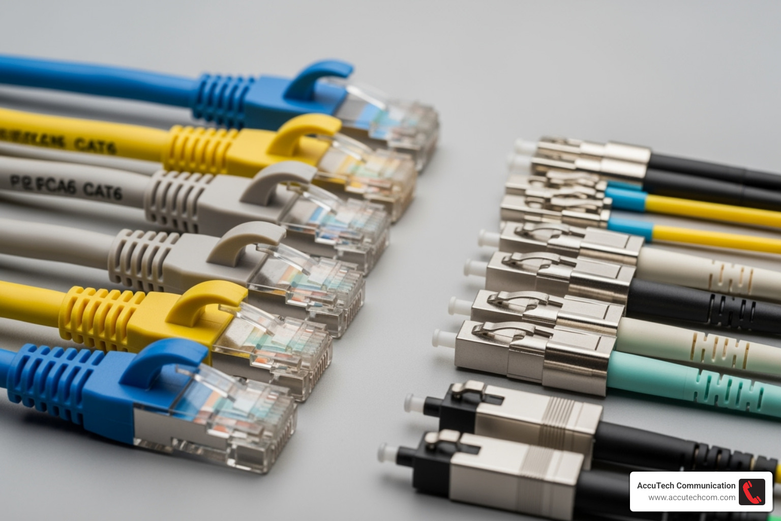 Side-by-side comparison of different cable types like Cat6 and Fiber Optic - voice data cabling