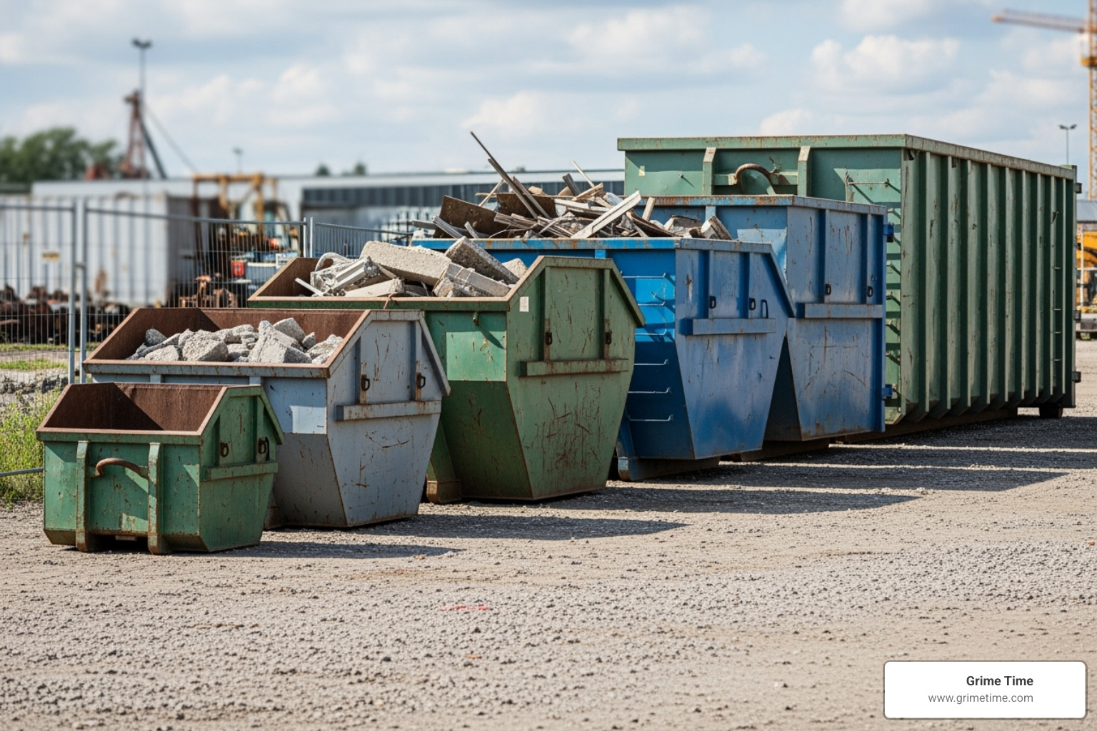 different dumpster sizes lined up for comparison - demo dumpster rental