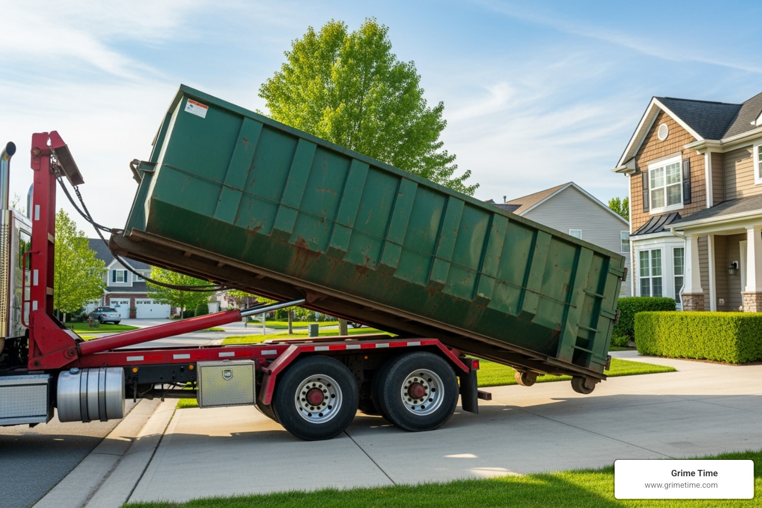 dumpster being delivered to a residential driveway - demo dumpster rental