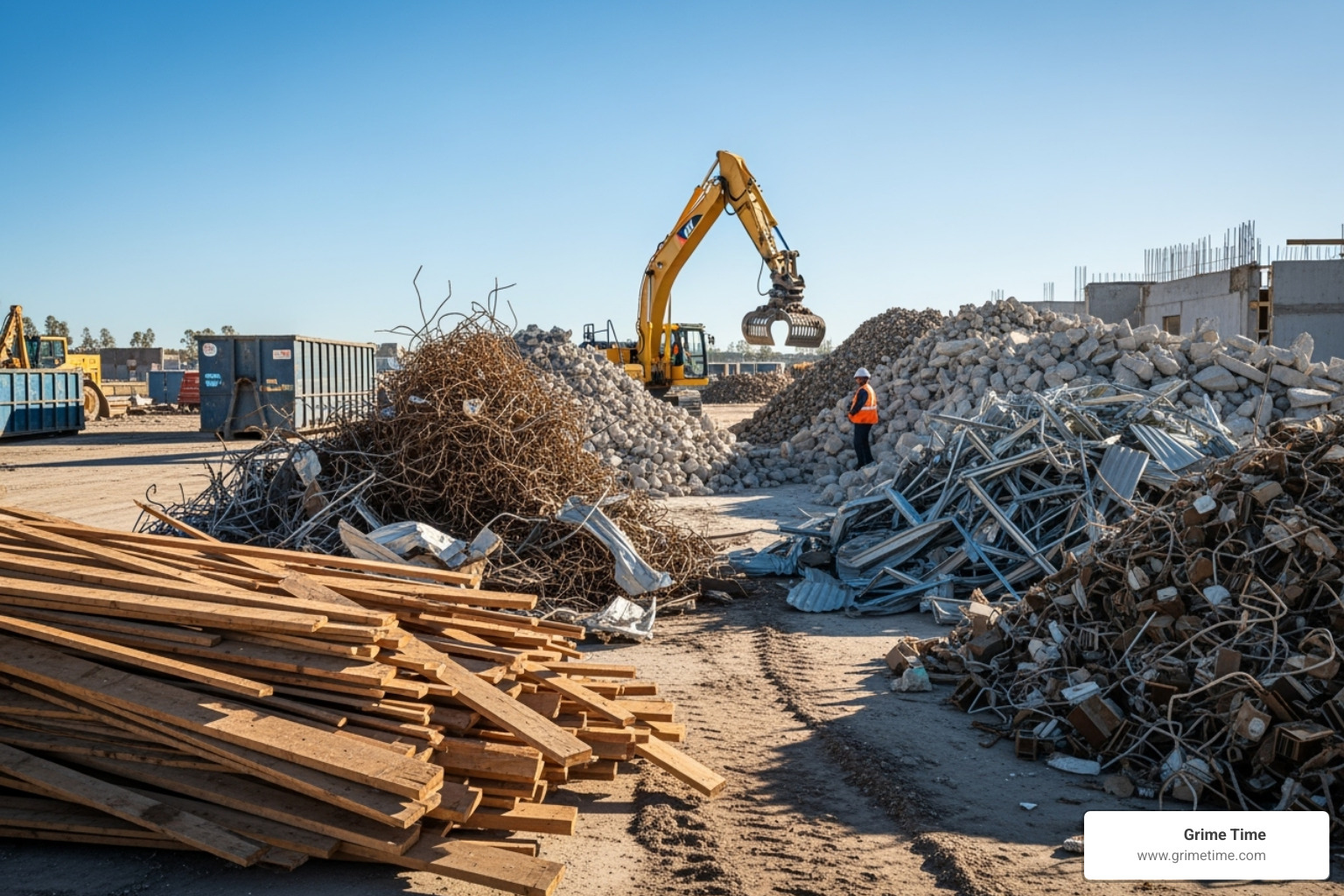 sorted C&D debris like wood, metal, and concrete - demo dumpster rental