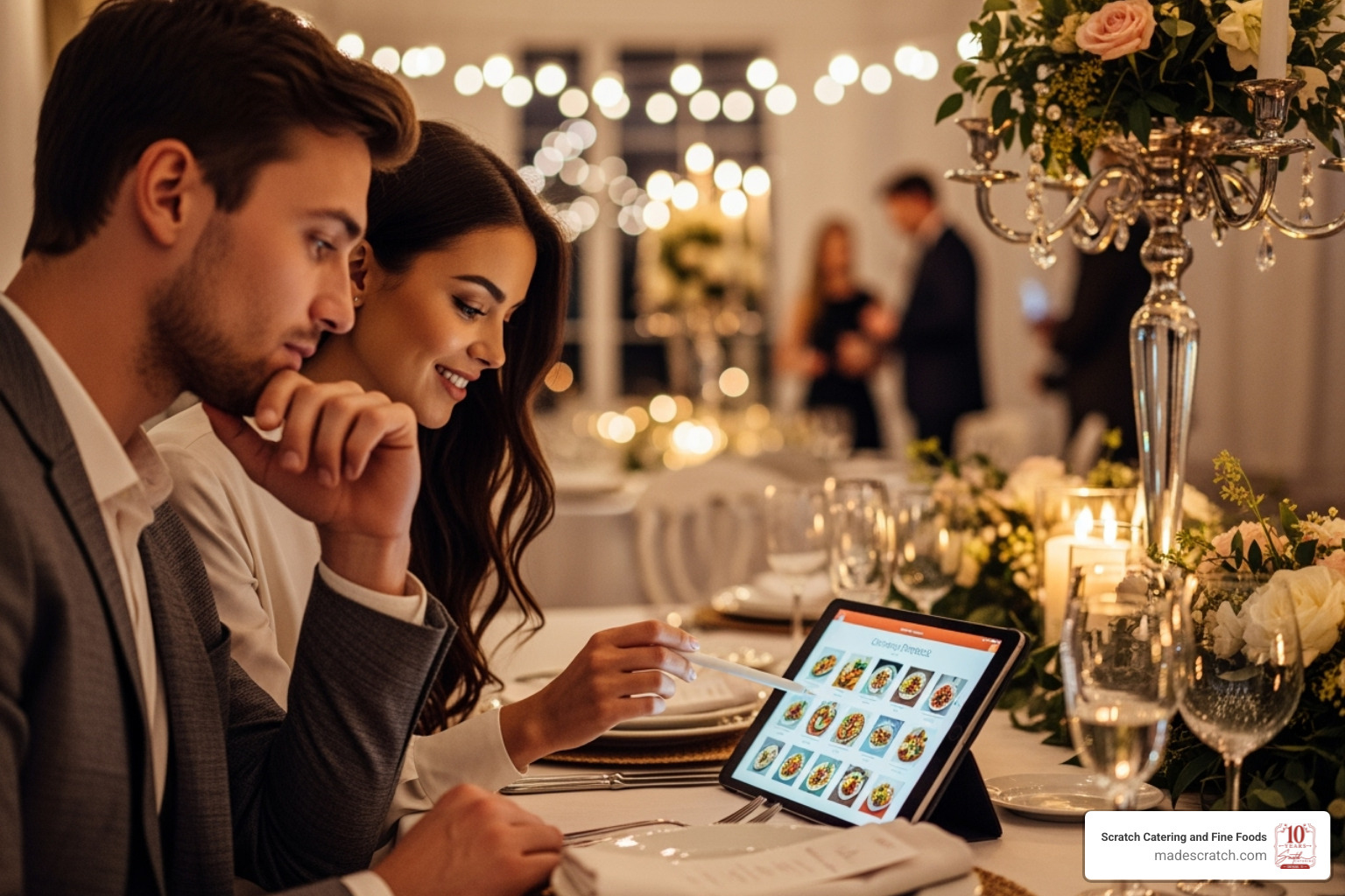 A couple reviewing a catering proposal on a tablet, with a festive, neat setting in the background - holiday dinner wedding caterer dfw A couple reviewing a catering proposal on a tablet, with a festive, neat setting in the background - holiday dinner wedding caterer dfw