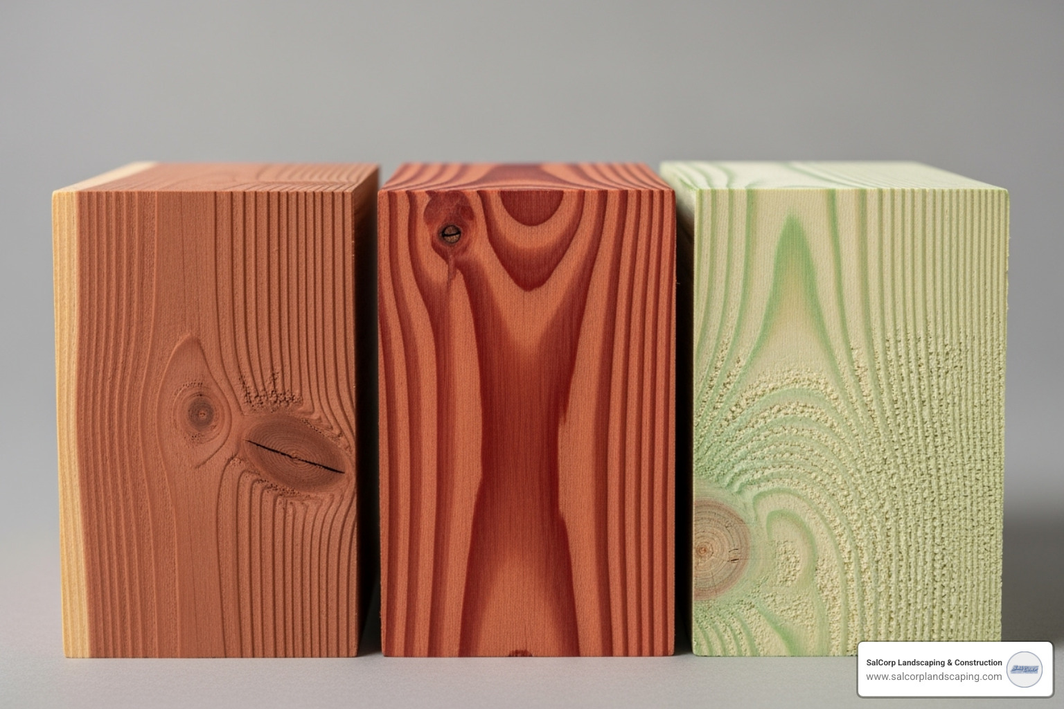 different wood types like cedar, redwood, and pressure-treated pine side-by-side - outdoor wood stairs